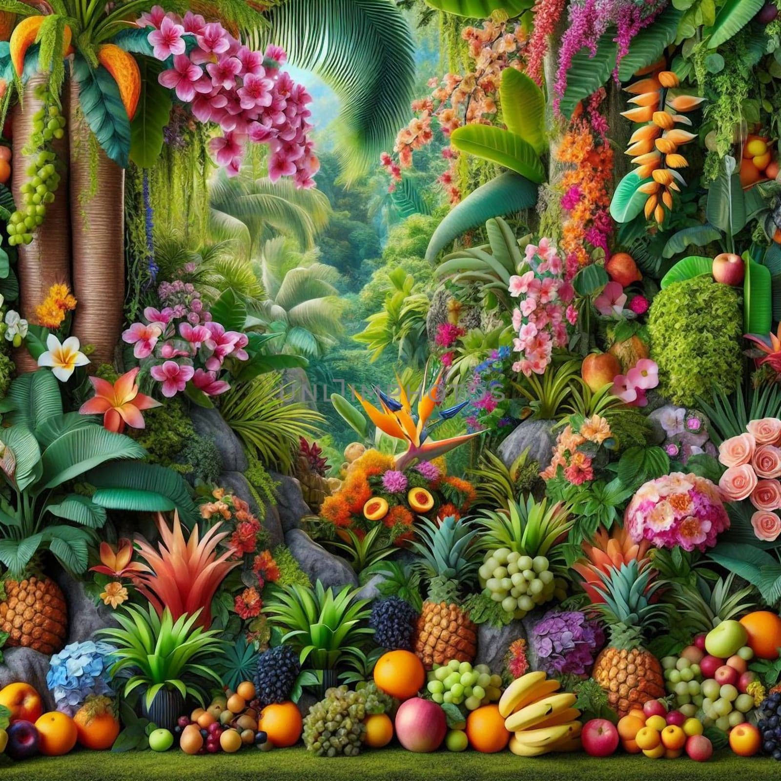 A lush tropical scene overflowing with vibrant flowers and fruits. A high-quality AI-generated photo.