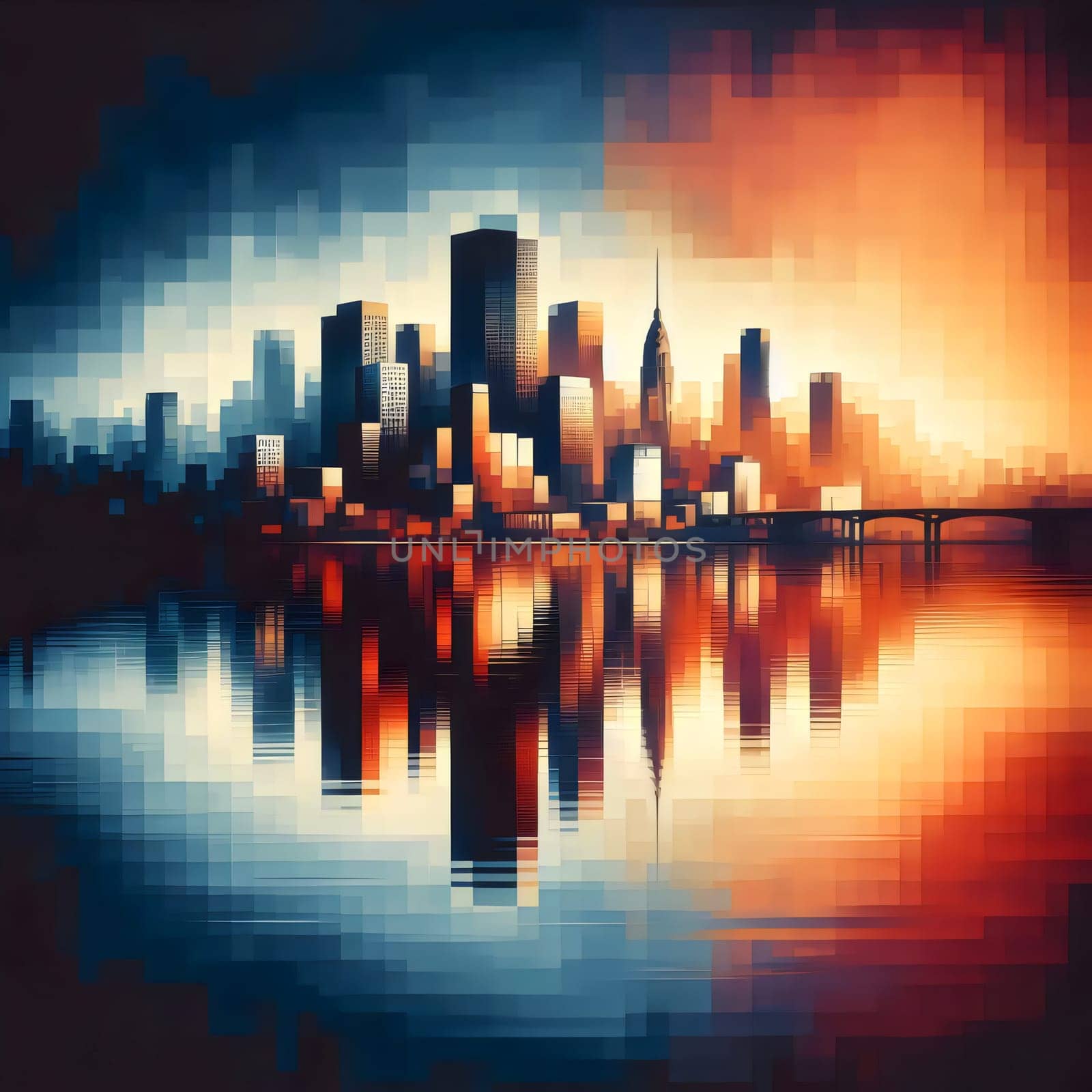 A pixelated cityscape reflected in water at sunrise or sunset. A high-quality AI-generated photo.