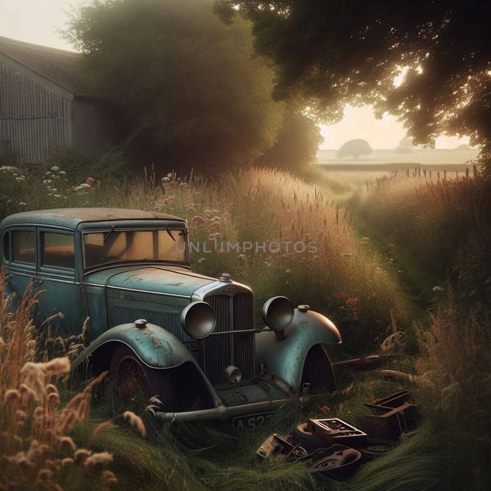A vintage car overgrown with vegetation in a field. A high-quality AI-generated photo.
