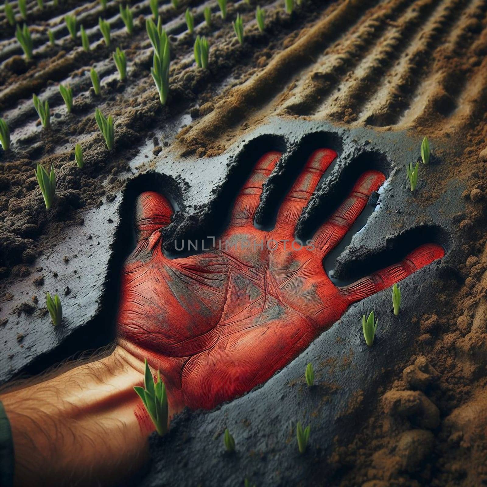 A handprint imprinted in dark soil with young plants sprouting around it. A high-quality AI-generated photo.
