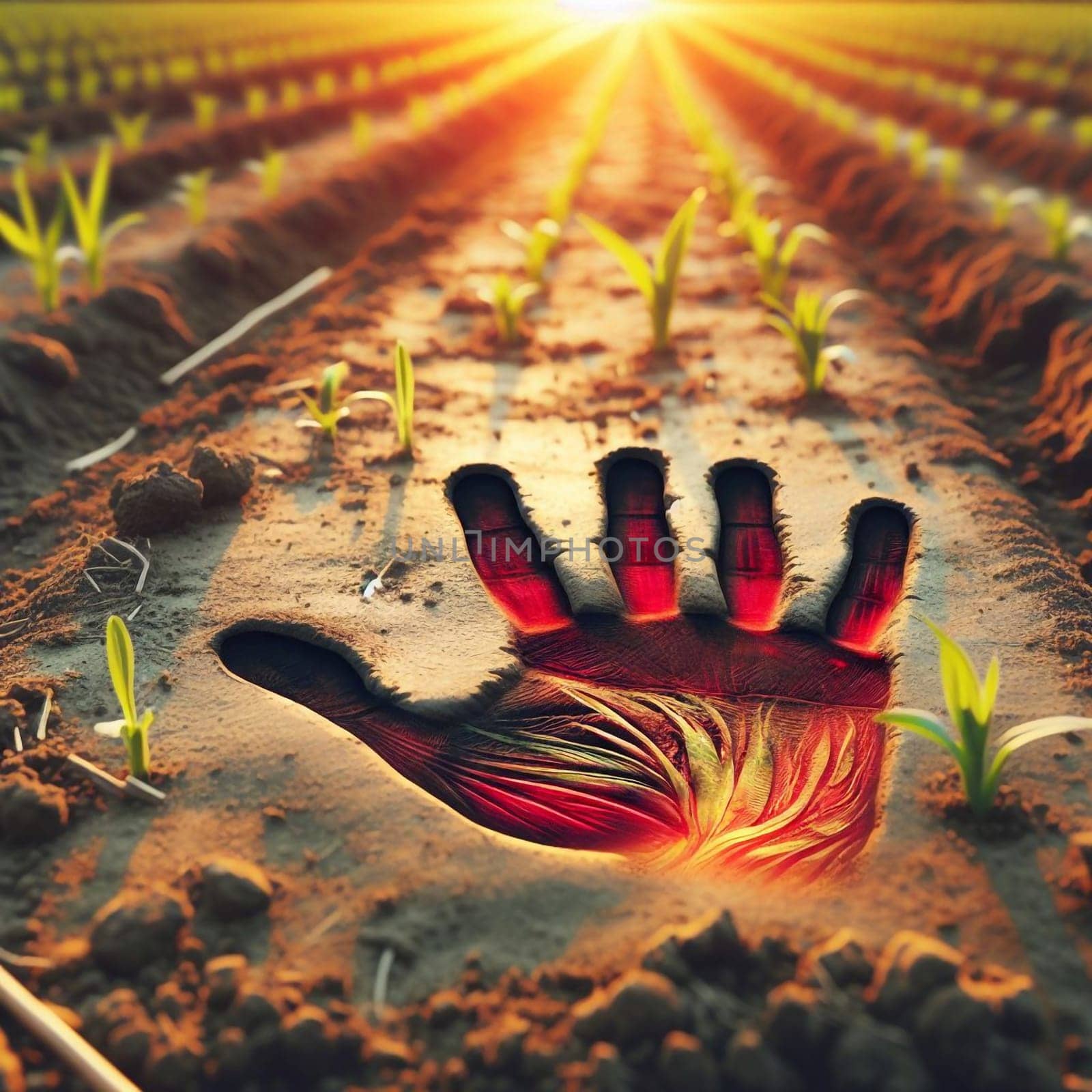 A handprint imprinted in the soil of a field with young plants. A high-quality AI-generated photo.