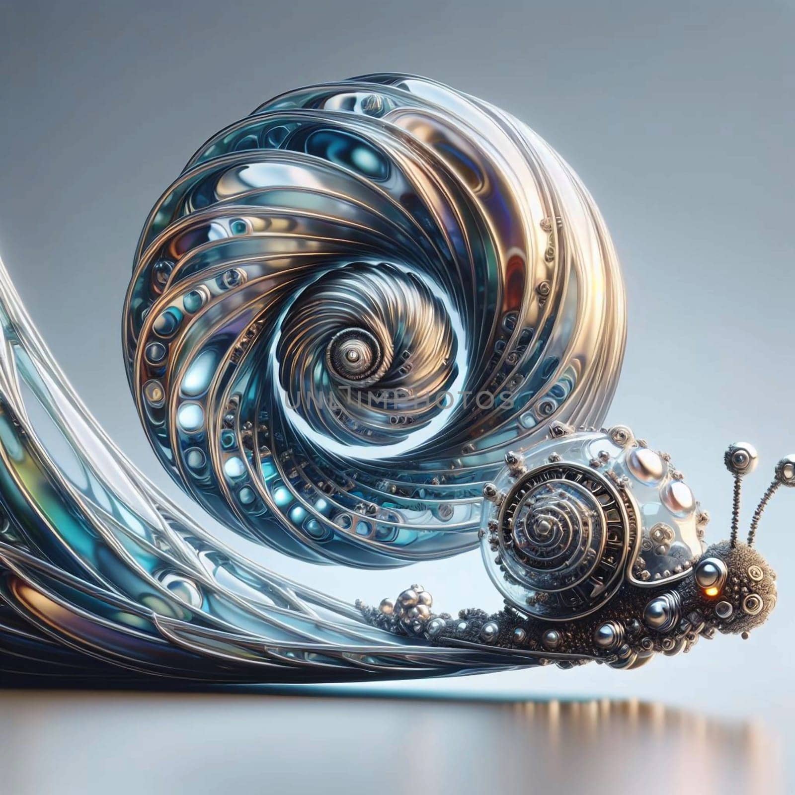 A metallic, mechanical snail with a clockwork shell. A high-quality AI-generated photo.