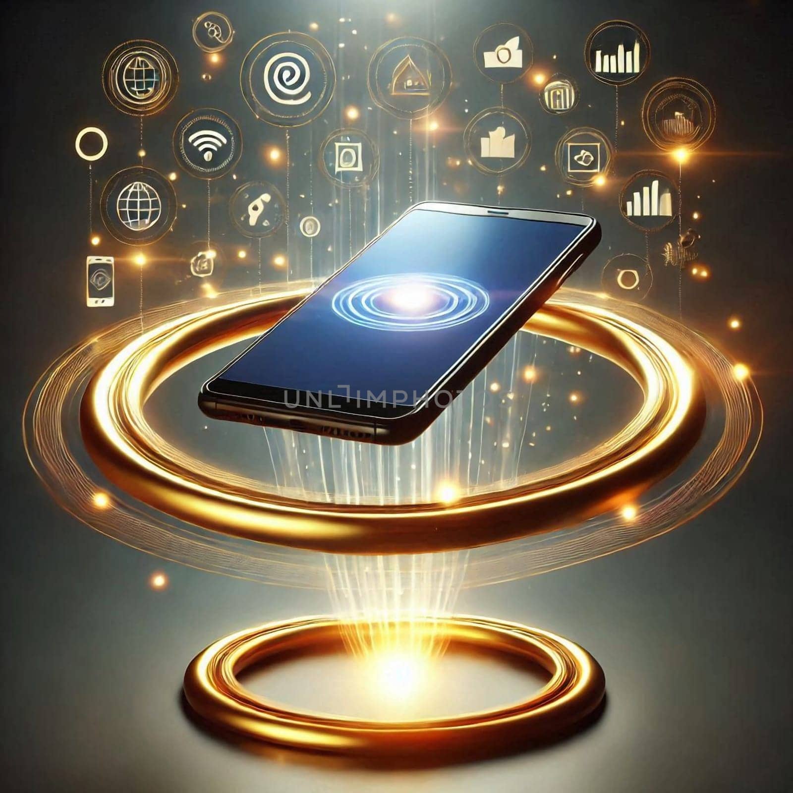 A smartphone levitating above a golden ring, surrounded by glowing digital icons. A high-quality AI-generated photo.