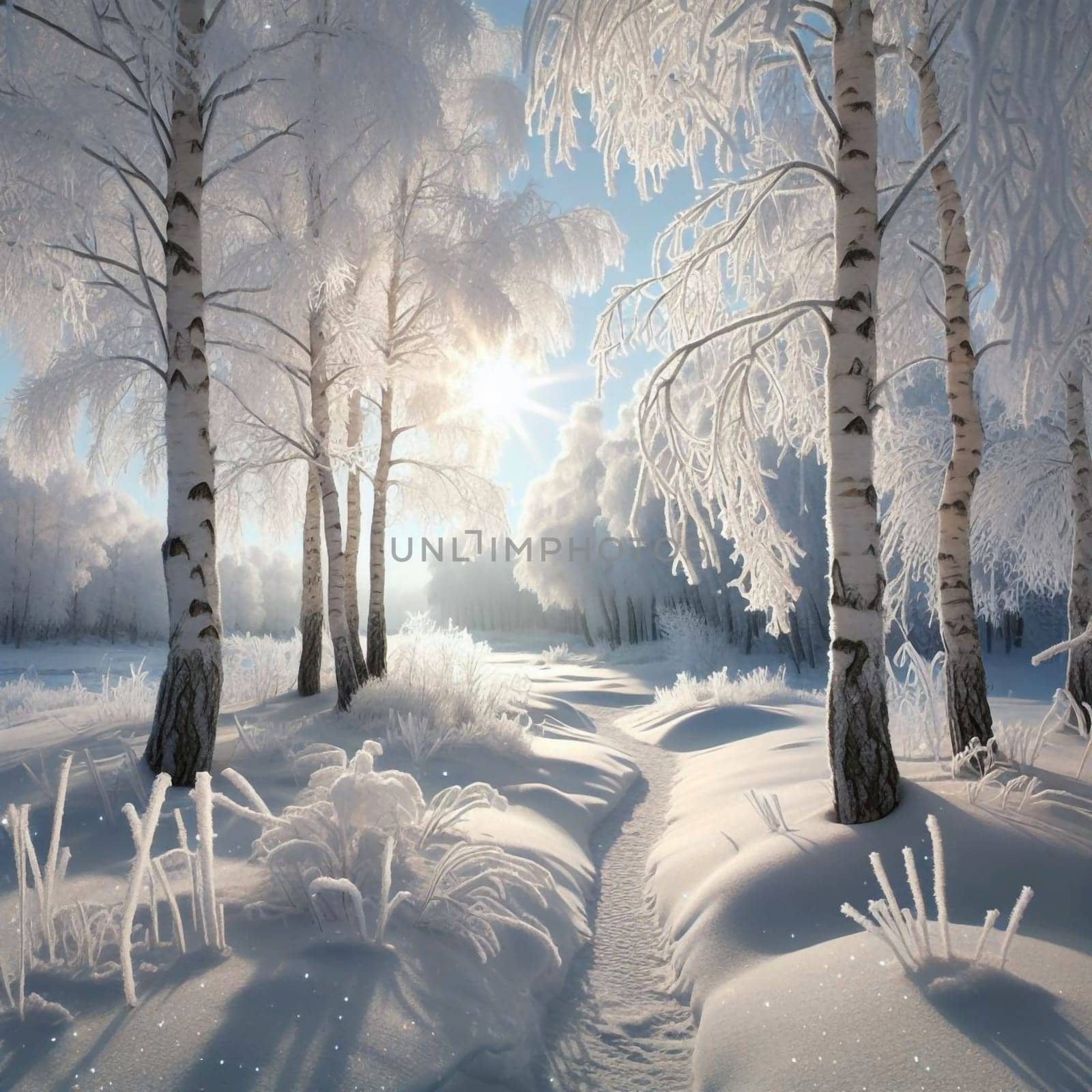 A snowy path through a birch forest on a sunny winter day. A high-quality AI-generated photo.
