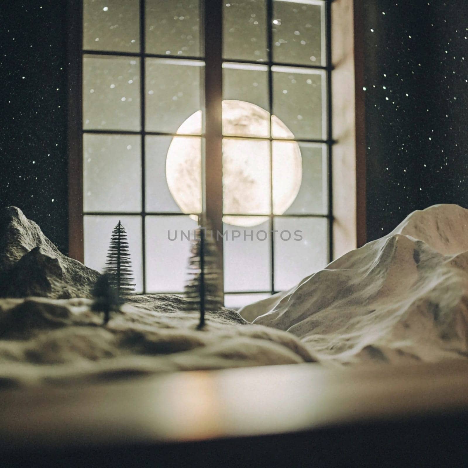 A miniature winter scene viewed through a window at night, with a full moon visible. A high-quality AI-generated photo.