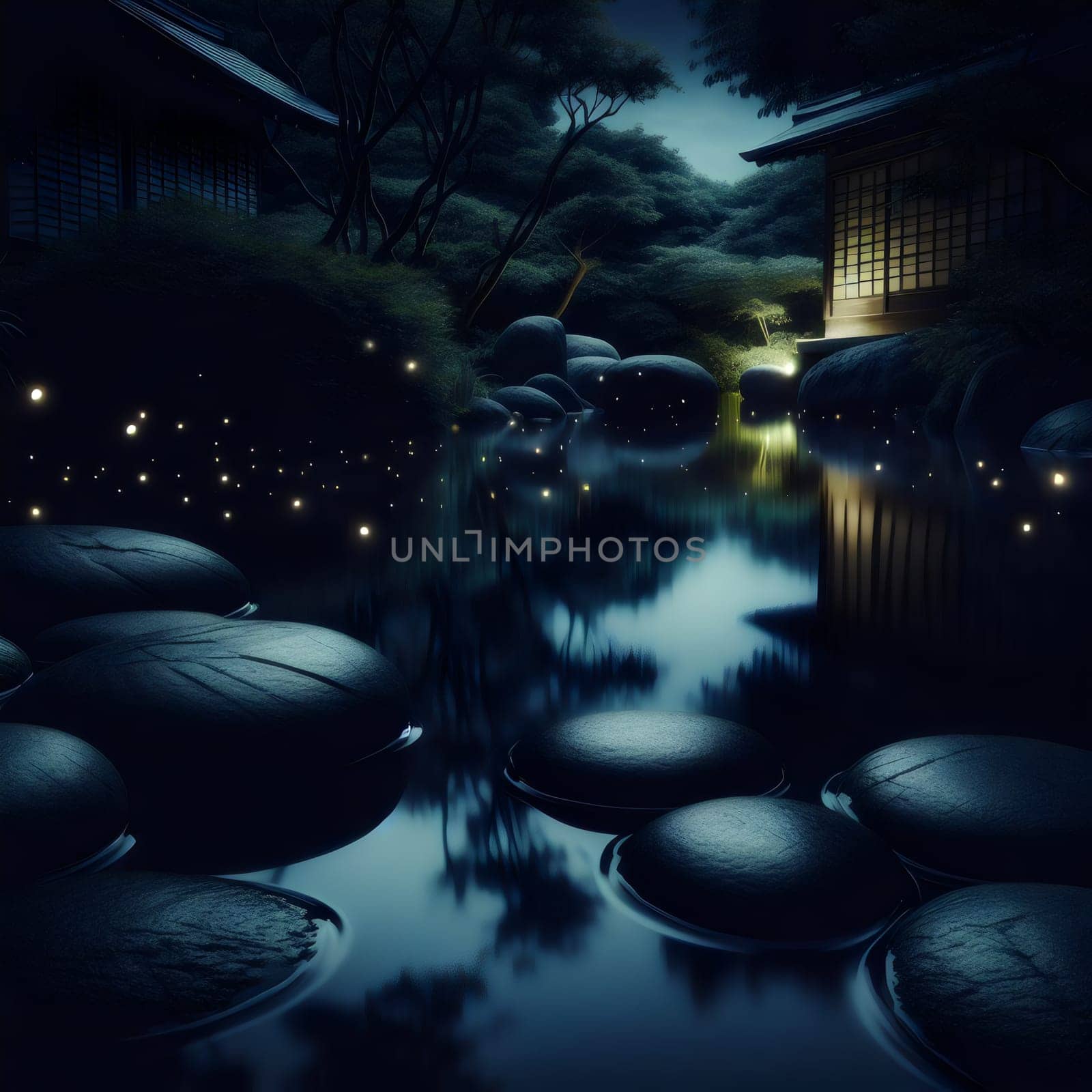 A serene Japanese garden at night, with fireflies and lanterns illuminating a pond. A high-quality AI-generated photo.