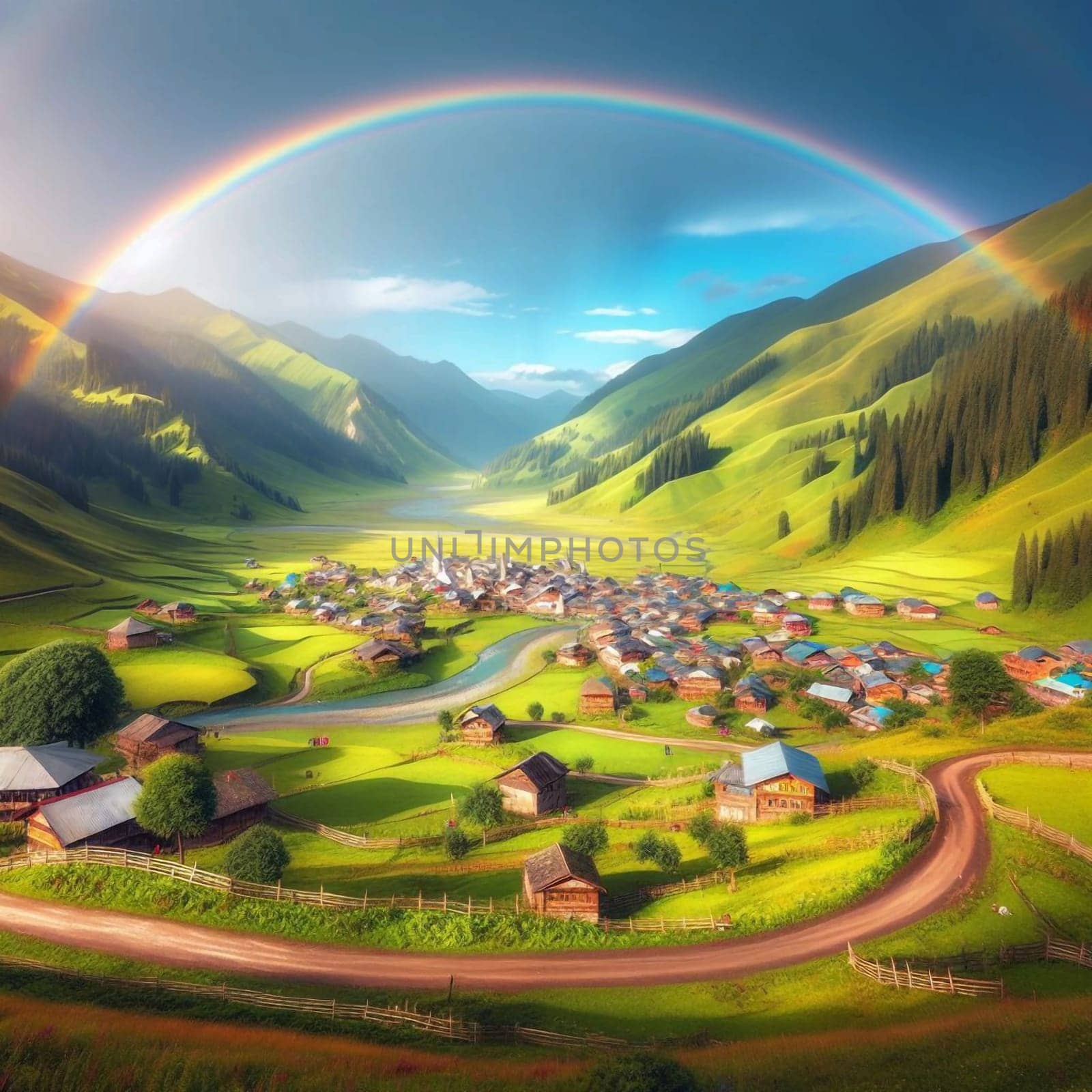 An idyllic village nestled in a green valley, with a rainbow arcing overhead. A high-quality AI-generated photo.