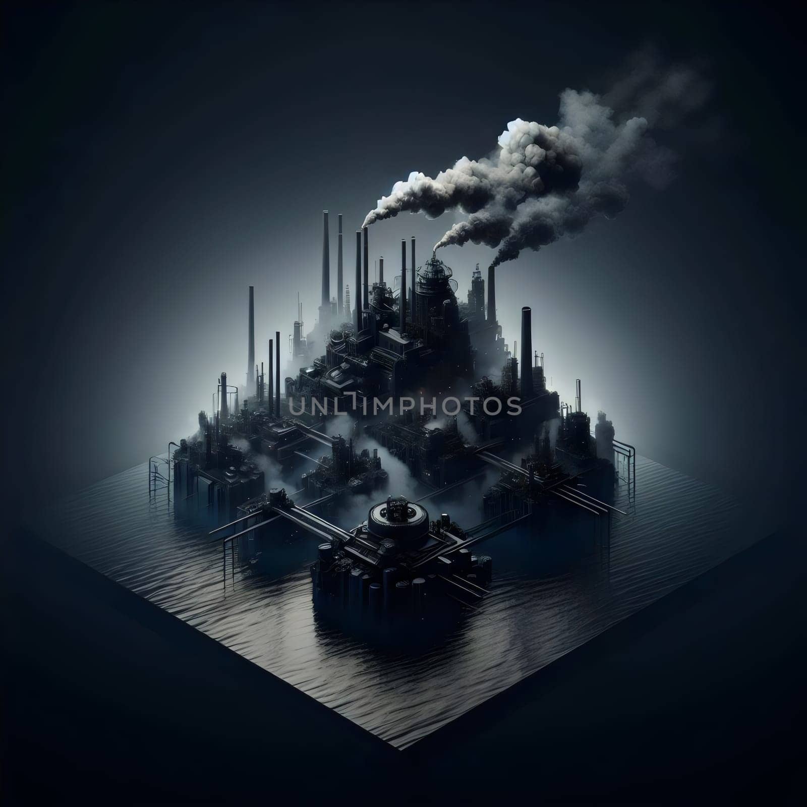 A dark, industrial factory complex on an island, emitting smoke into the air. A high-quality AI-generated photo.