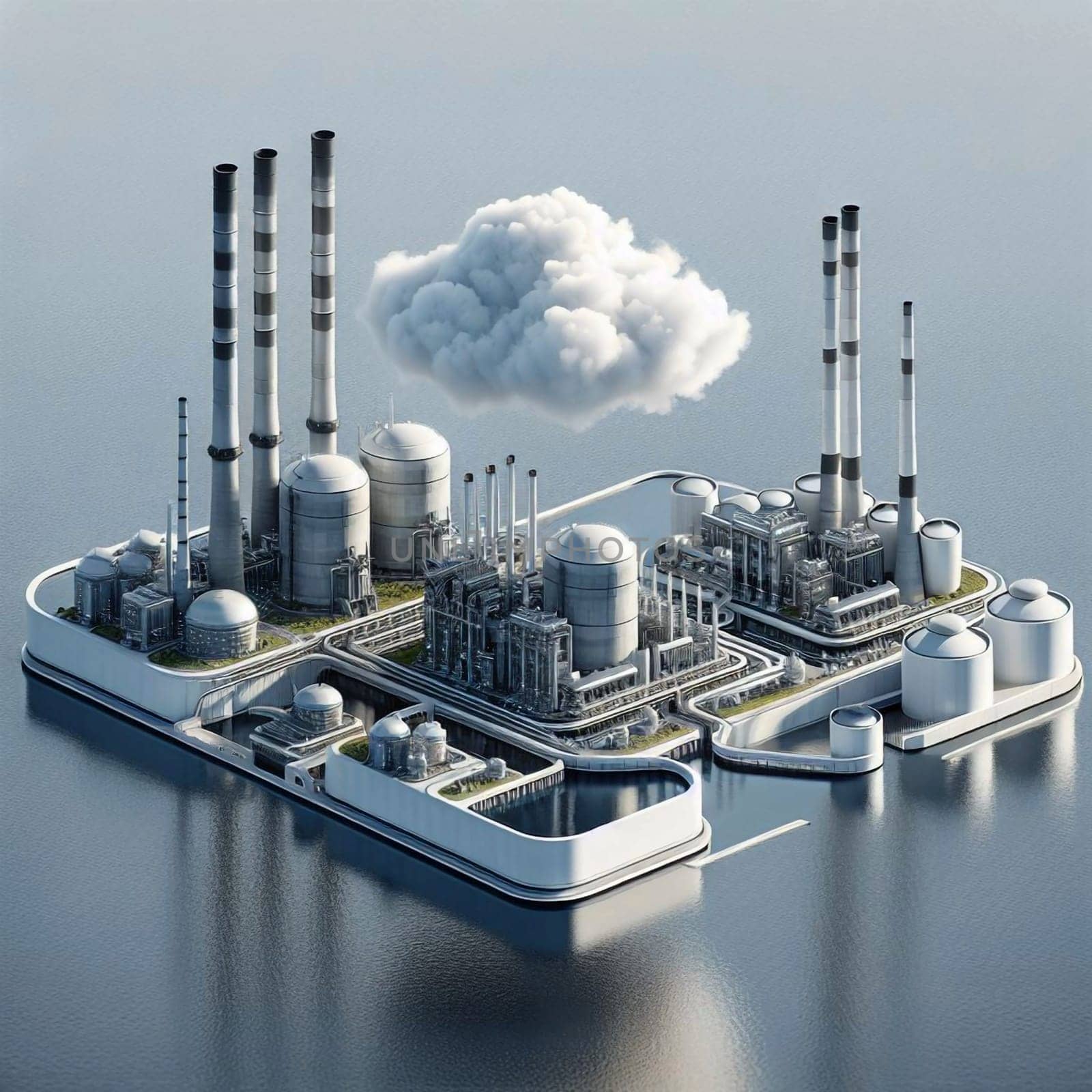 An isometric view of a nuclear power plant on an island. A high-quality AI-generated photo.