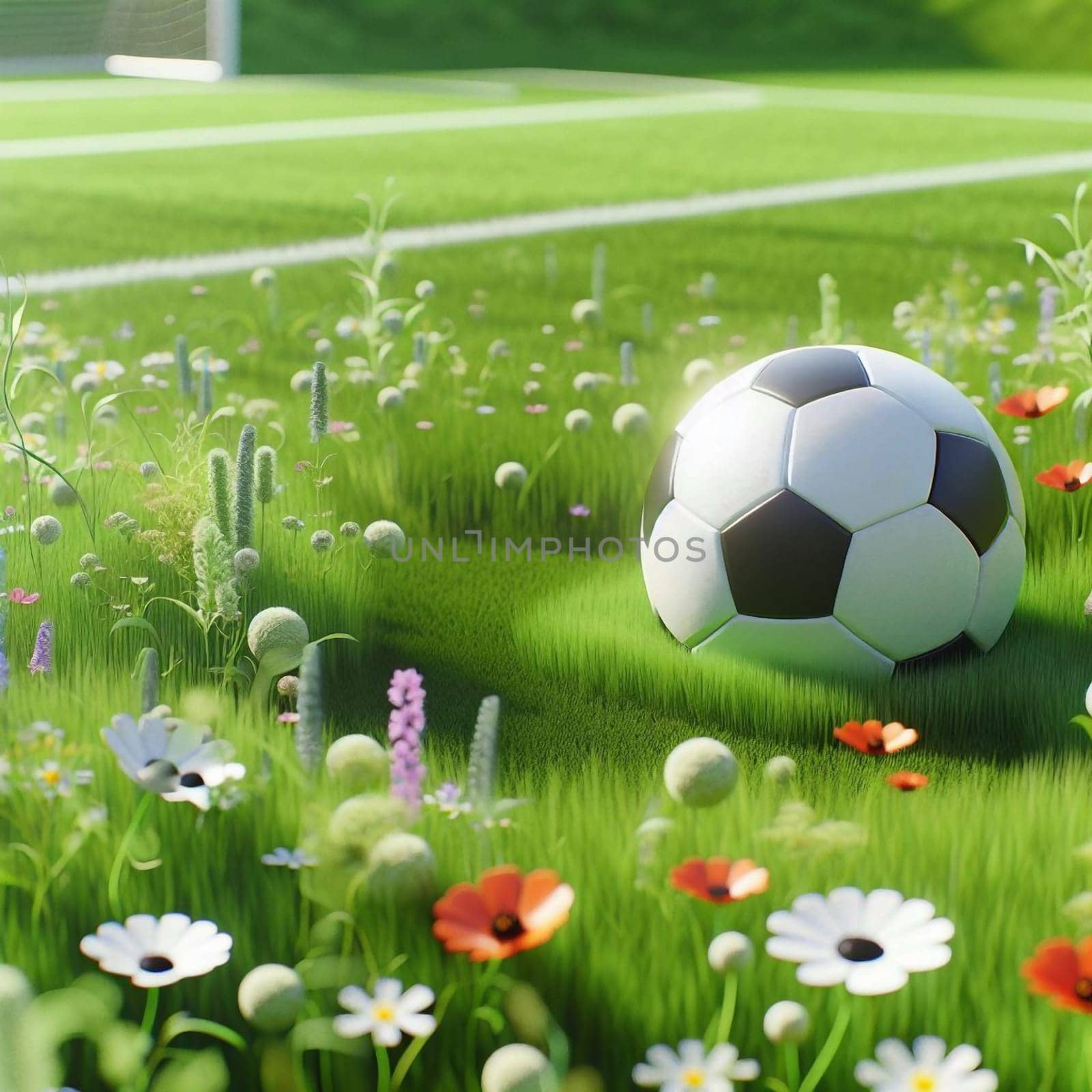 A soccer ball resting in a field of wildflowers. A high-quality AI-generated photo.