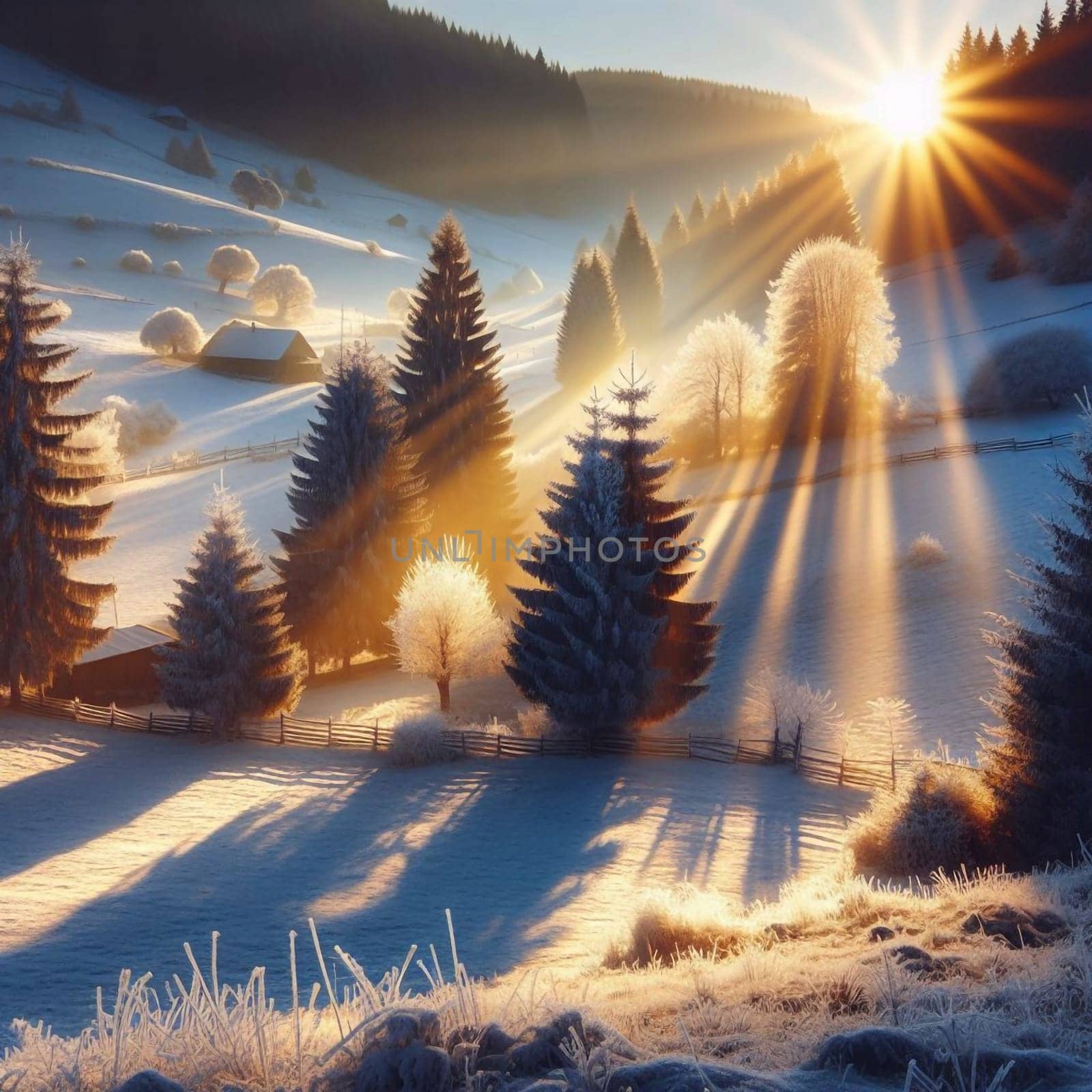A snowy landscape at sunrise, with sun rays illuminating a rural scene. A high-quality AI-generated photo.