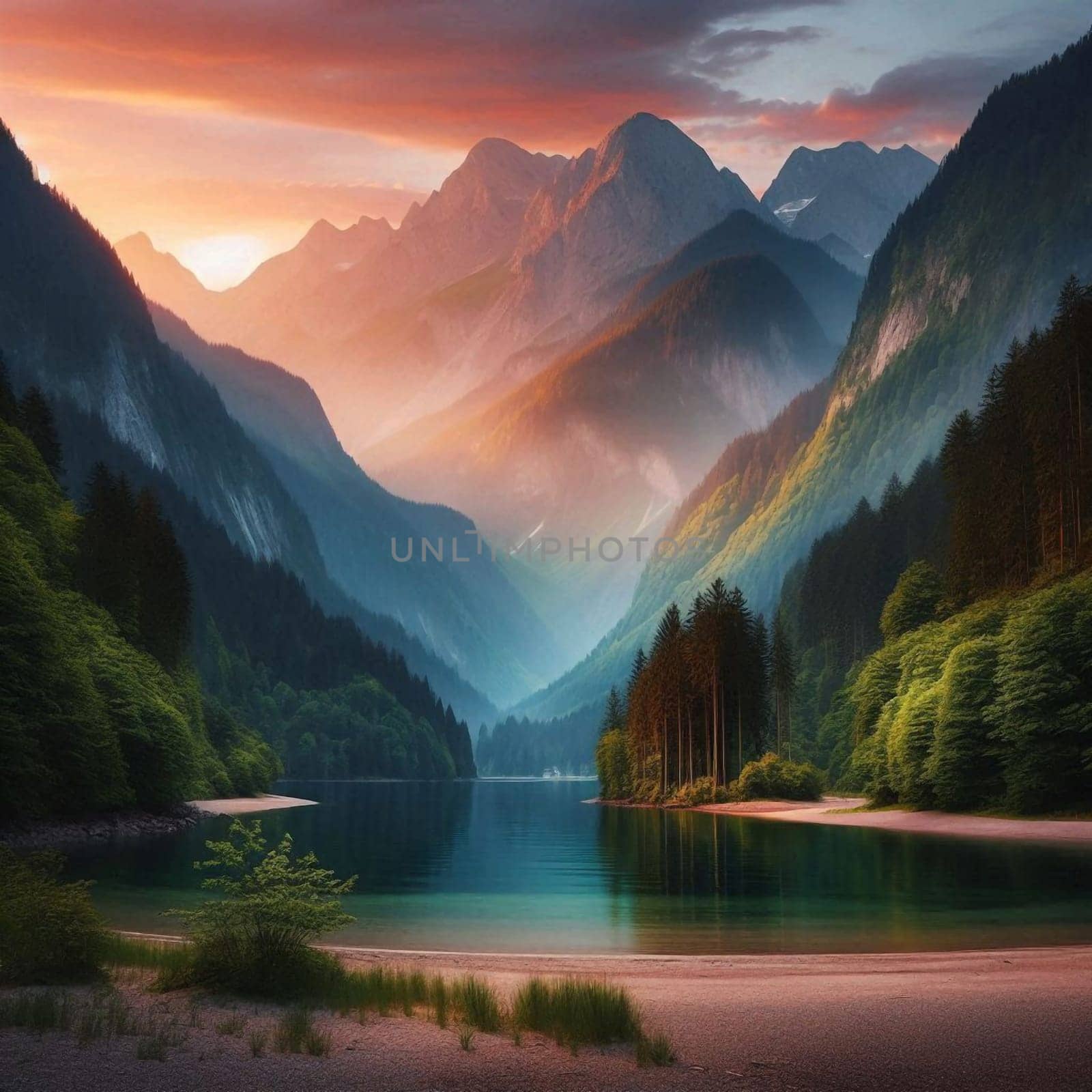 A serene lake nestled among lush green mountains at sunrise. A high-quality AI-generated photo.