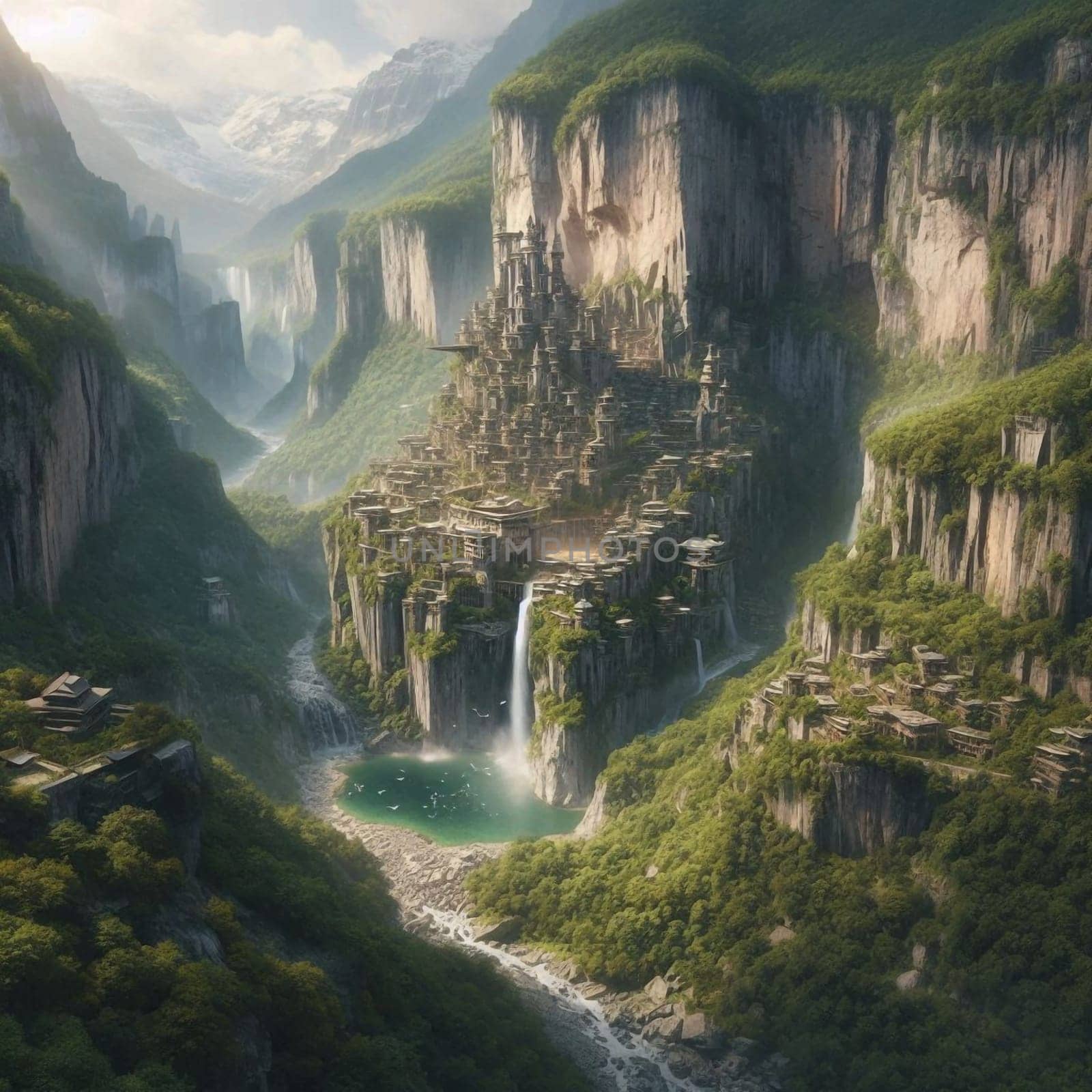 A fantasy illustration of a city built into a mountainside with waterfalls. A high-quality AI-generated photo.
