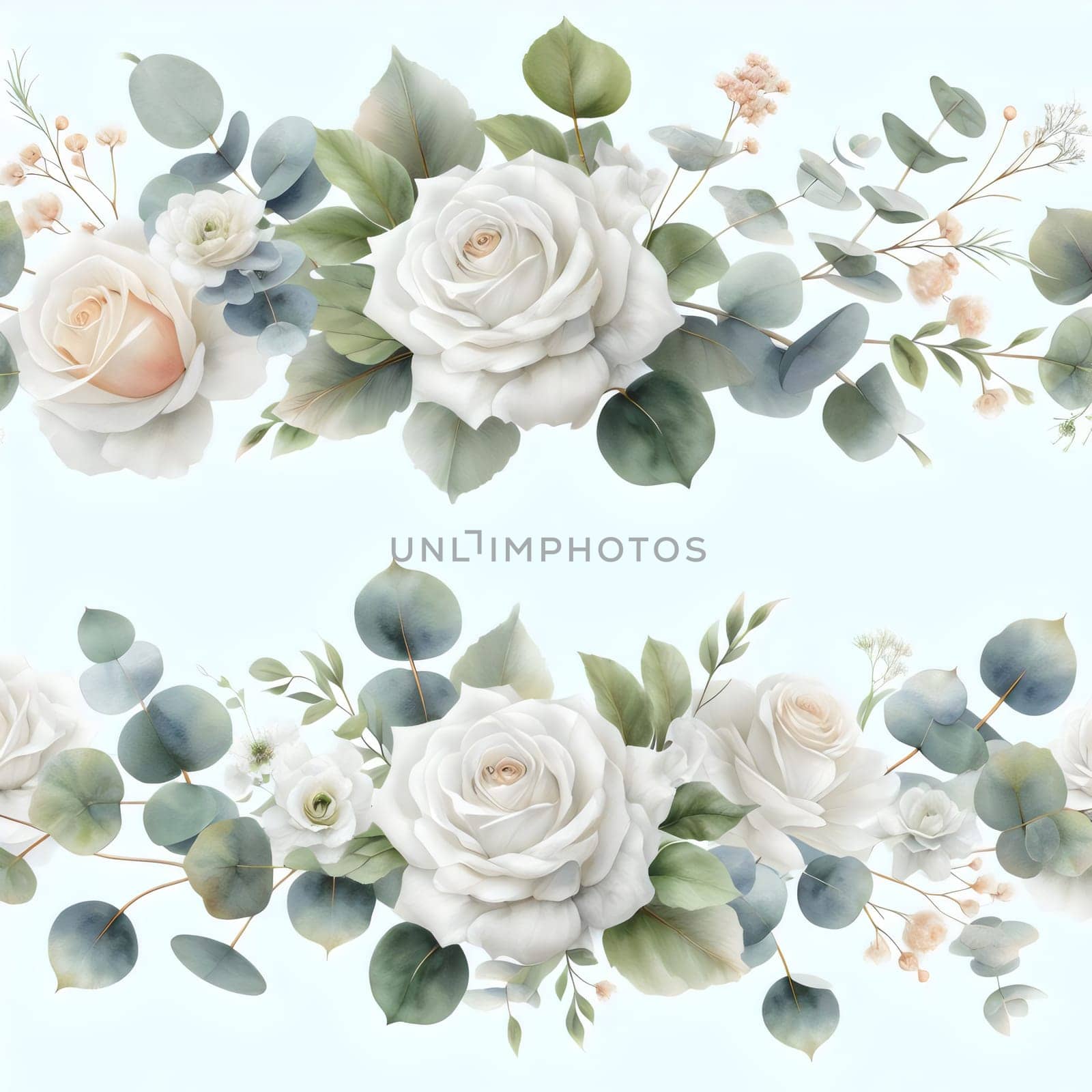 A seamless floral border design featuring white roses and eucalyptus leaves. A high-quality AI-generated photo.