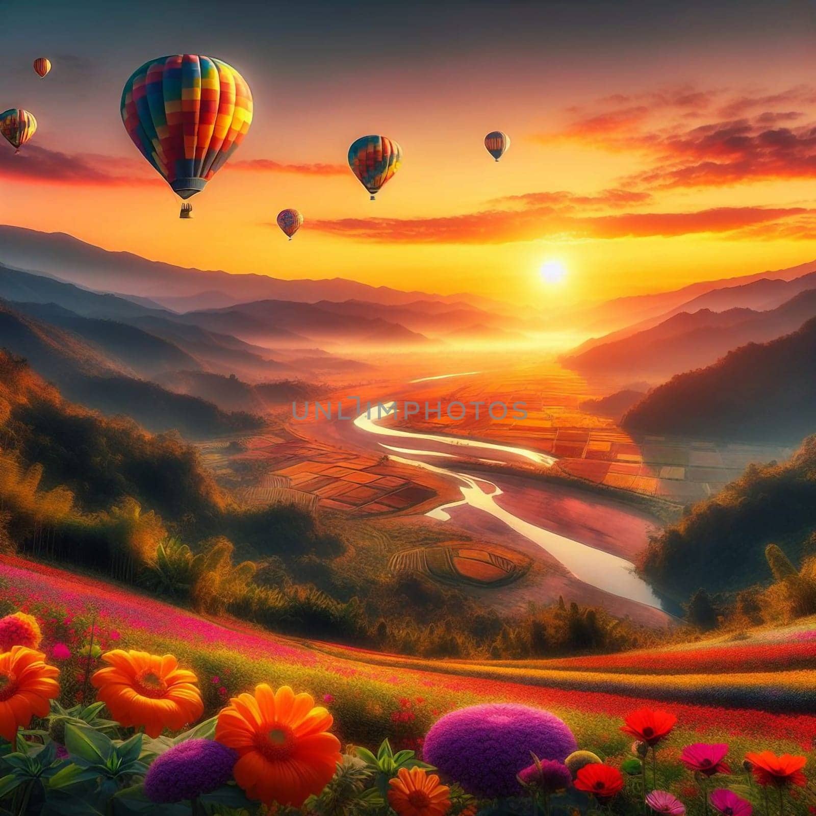 Hot air balloons flying over a colorful landscape at sunset. A high-quality AI-generated photo.