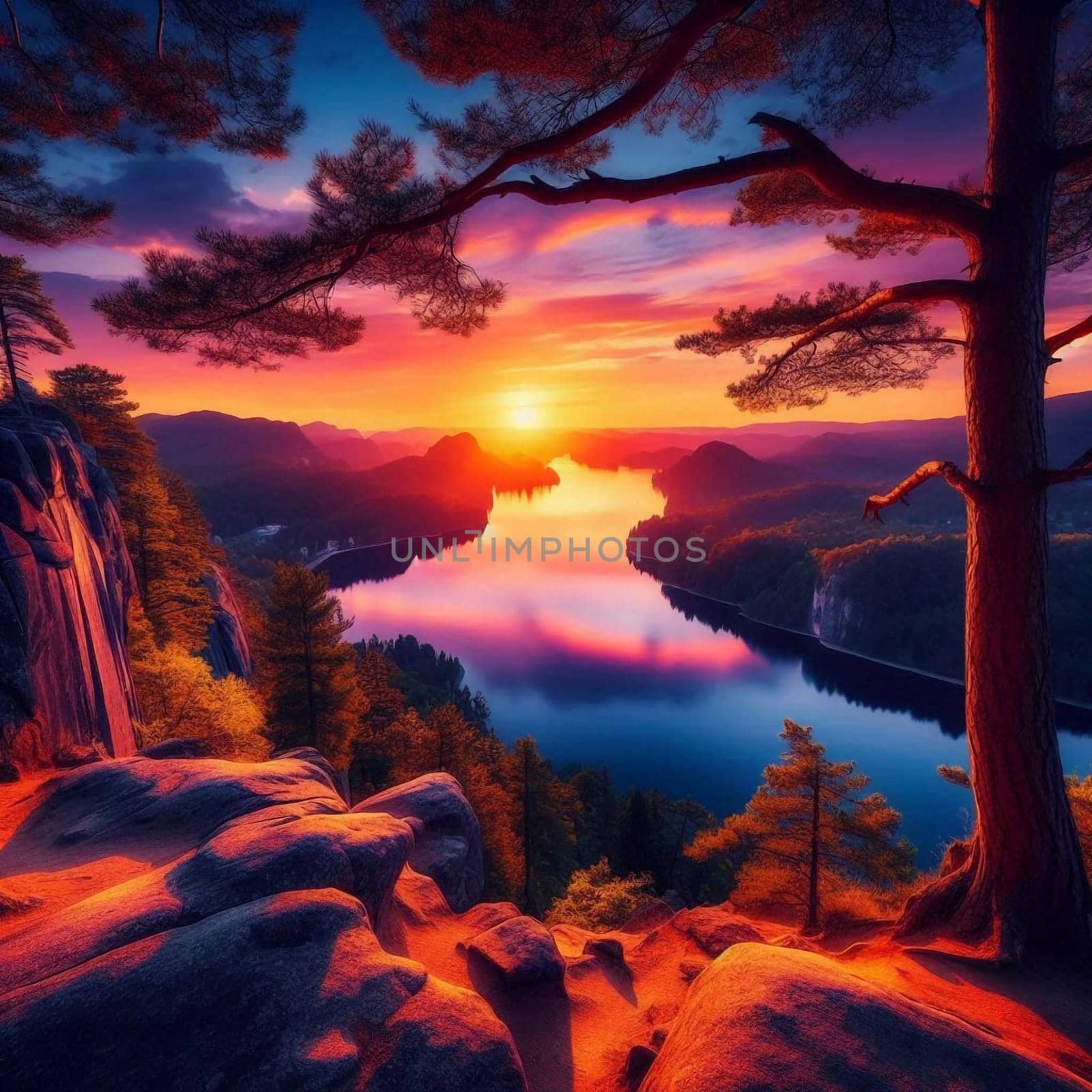 A scenic view of a river winding through a valley at sunset. A high-quality AI-generated photo.