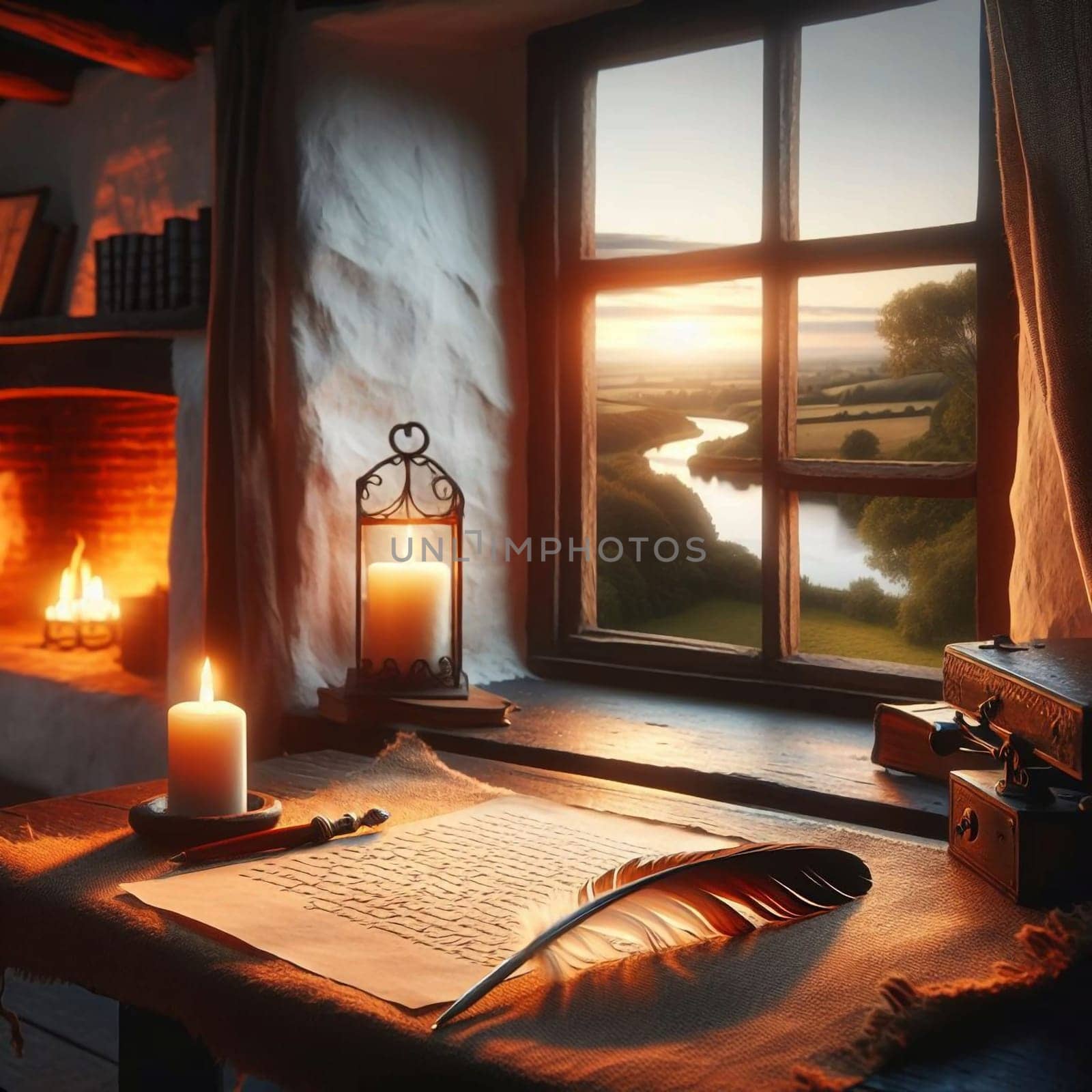 A cozy interior scene showing a quill pen resting on a handwritten letter on a wooden desk by a window with a sunset view. A high-quality AI-generated photo.