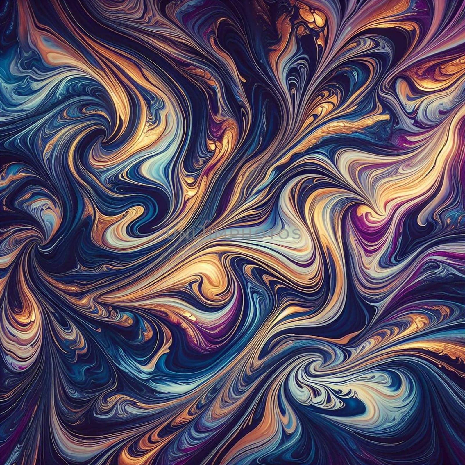 Abstract artwork featuring swirling patterns in shades of blue, purple, and gold. A high-quality AI-generated photo.