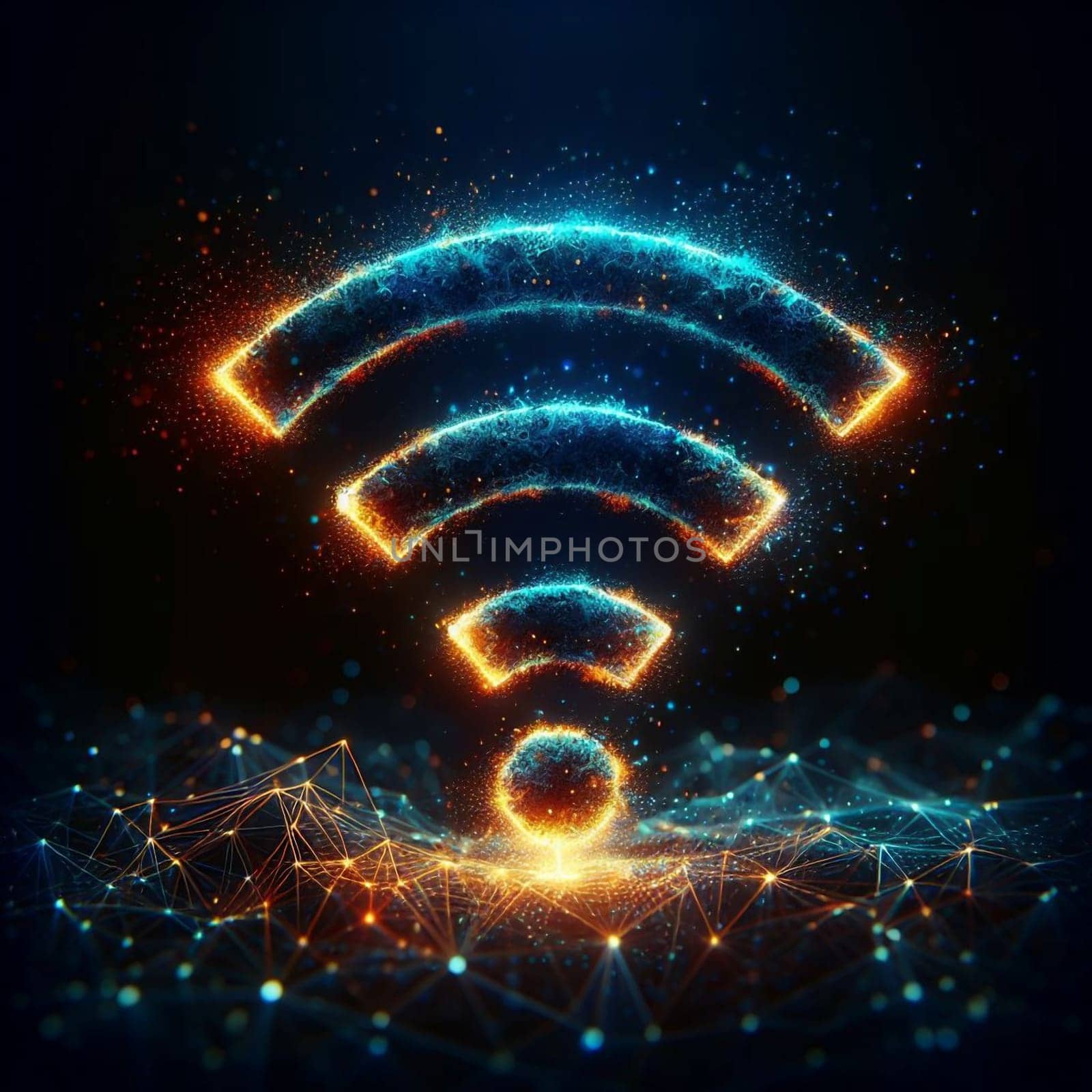 An abstract representation of a Wi-Fi signal composed of glowing particles. A high-quality AI-generated photo.