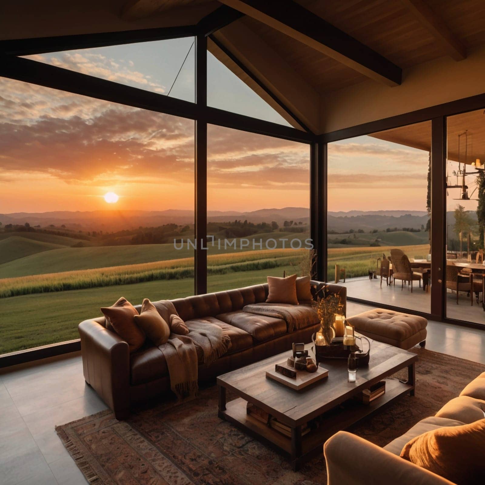 A modern living room with large windows offering a panoramic view of a rolling landscape at sunset. A high-quality AI-generated photo.