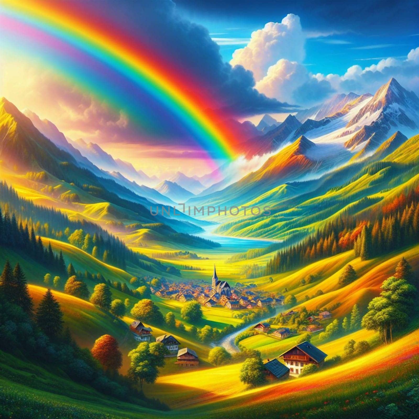 A picturesque village nestled in a valley with a rainbow arching over the mountains. A high-quality AI-generated photo.