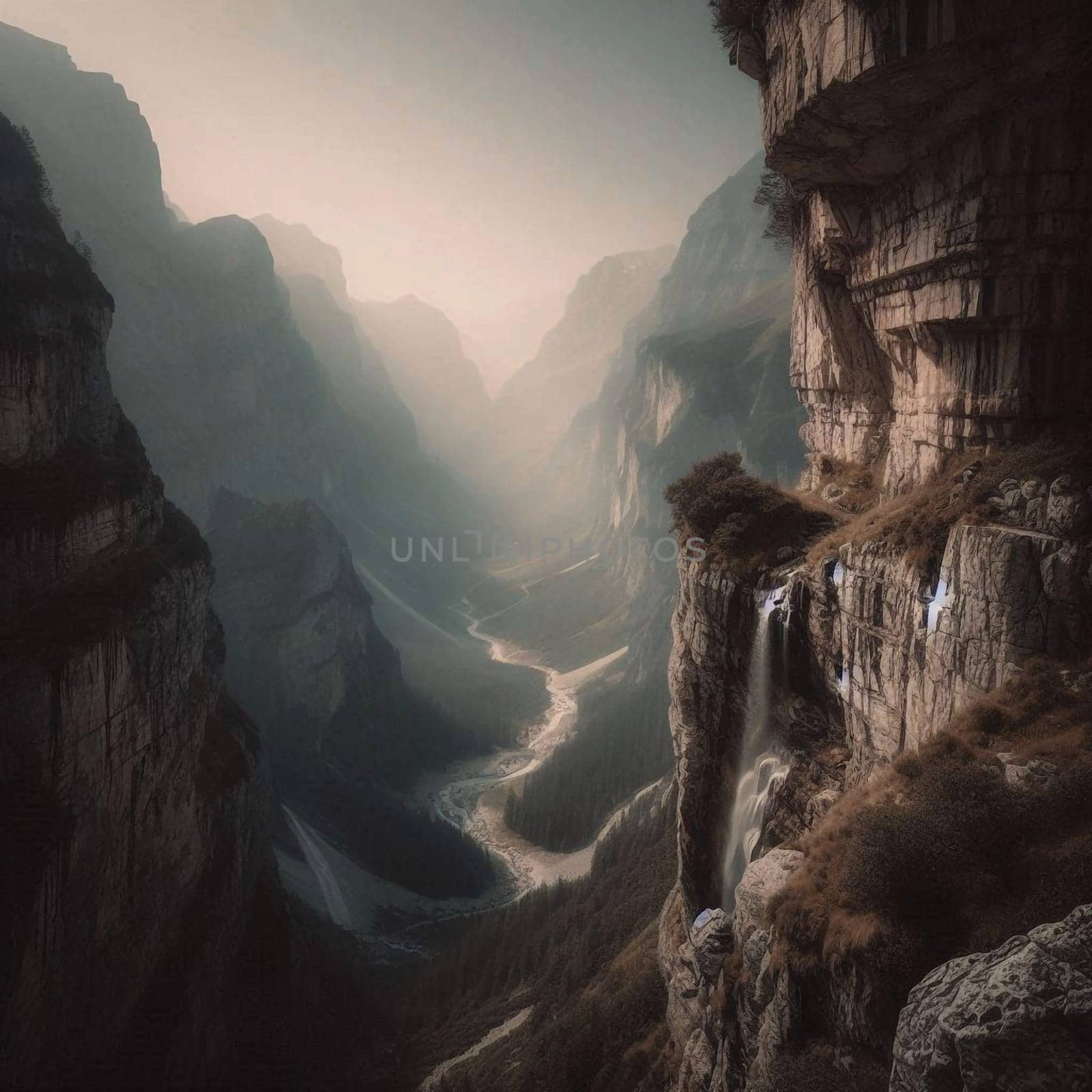 A dramatic view of a deep valley with a waterfall cascading down a rocky cliff face. A high-quality AI-generated photo.