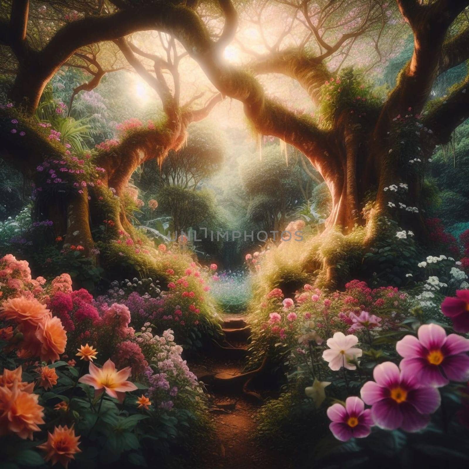 A whimsical path leading through a lush, vibrant forest filled with colorful flowers. A high-quality AI-generated photo.