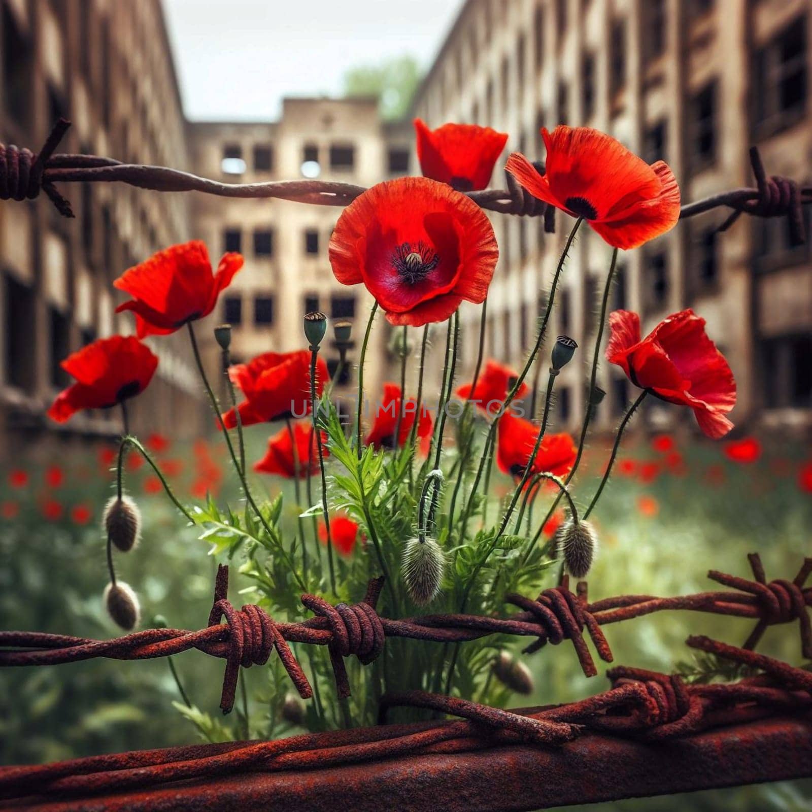 Red poppies growing through rusty barbed wire in front of a dilapidated building. A high-quality AI-generated photo.