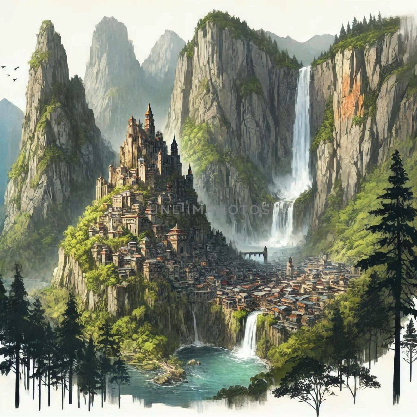An illustration of a medieval city nestled in a mountainous region with waterfalls. A high-quality AI-generated photo.