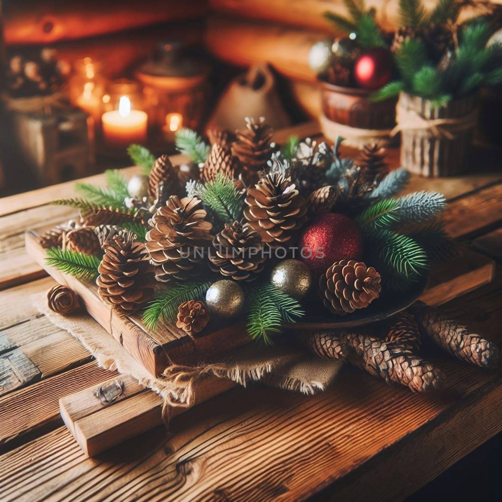 A rustic wooden table centerpiece featuring pine cones, evergreen branches, and Christmas ornaments. A high-quality AI-generated photo.