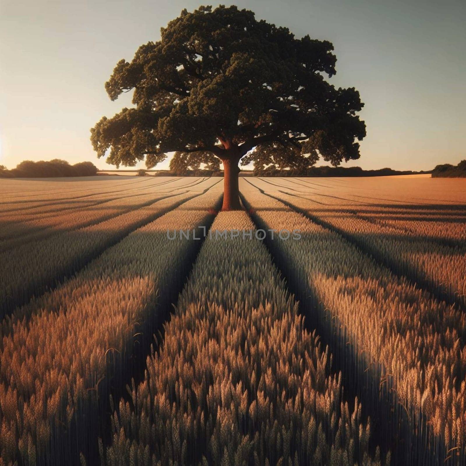 A majestic oak tree stands alone in a vast wheat field at sunset. A high-quality AI-generated photo.