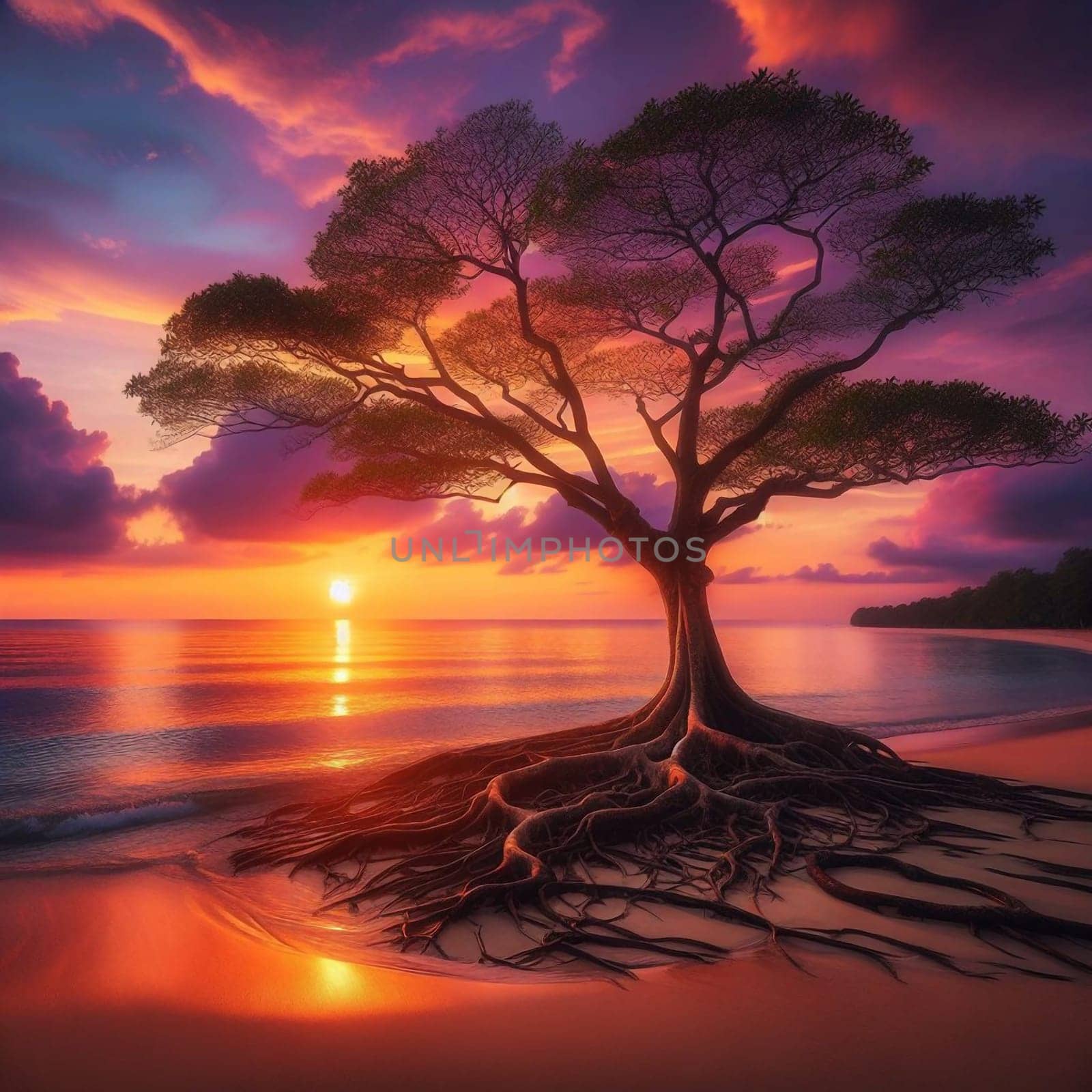A lone tree with exposed roots on a beach at sunset. A high-quality AI-generated photo.