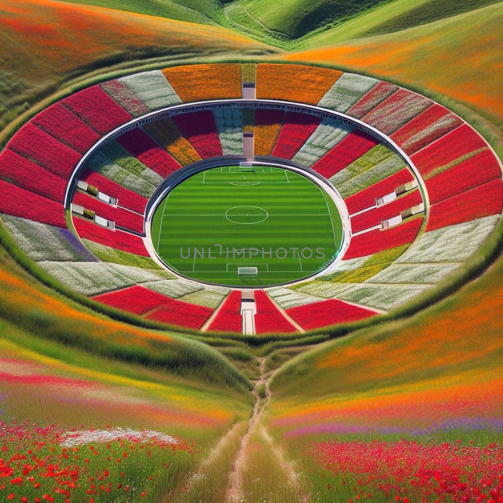 Aerial view of a circular soccer stadium composed of colorful flowers. A high-quality AI-generated photo.
