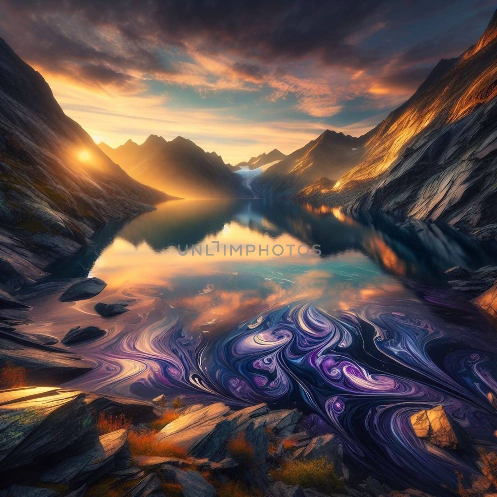 A mountain lake reflecting a colorful sunset sky, with abstract swirling patterns in the water. A high-quality AI-generated photo.