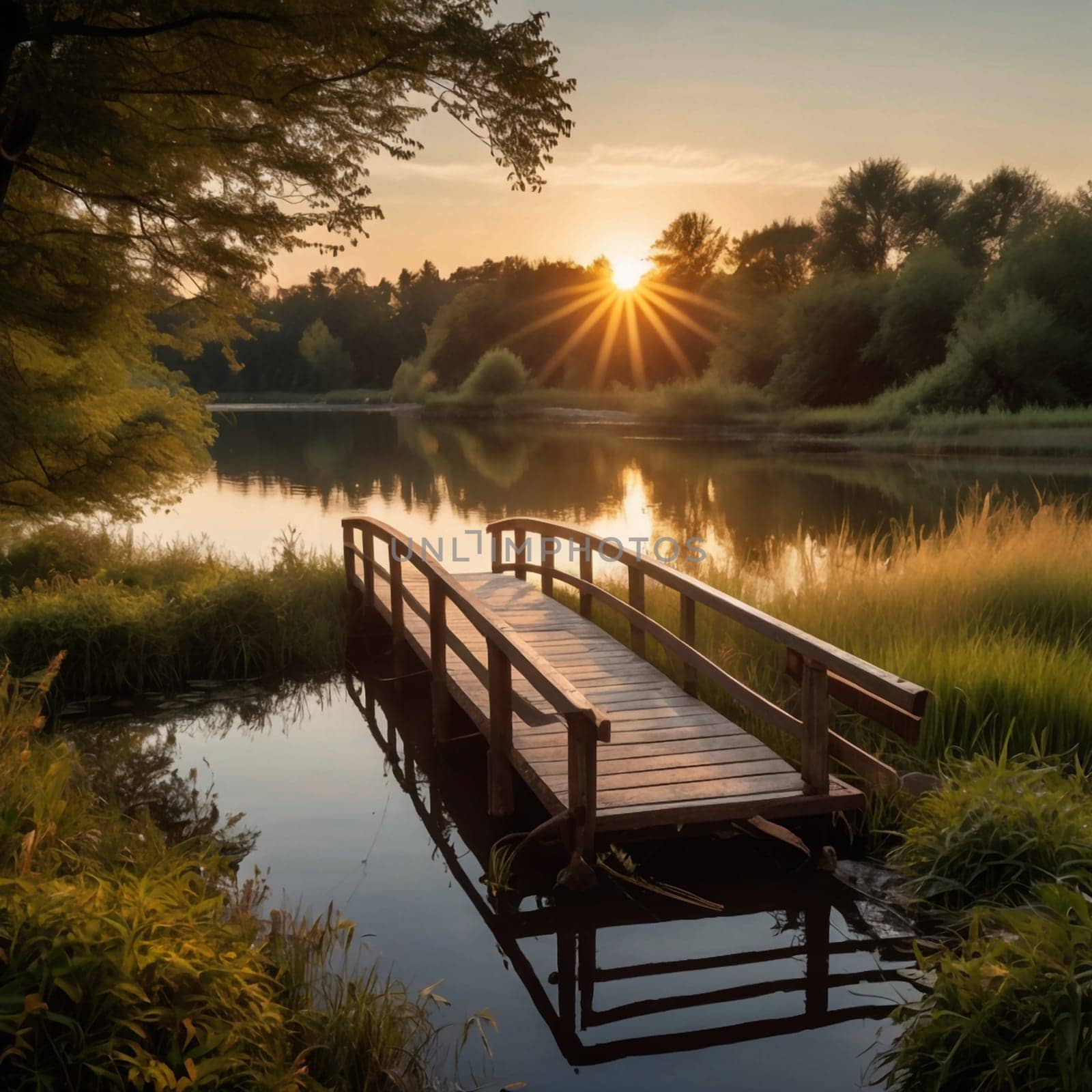 A wooden footbridge over a calm river at sunset. A high-quality AI-generated photo.
