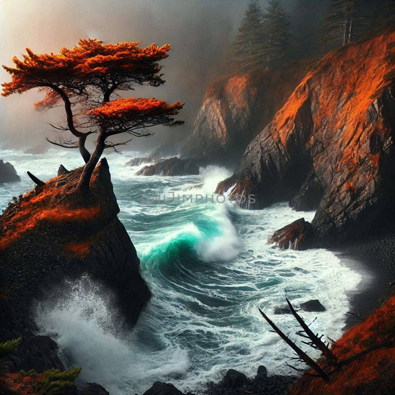 A lone tree on a rocky cliff overlooking the ocean with crashing waves. A high-quality AI-generated photo.