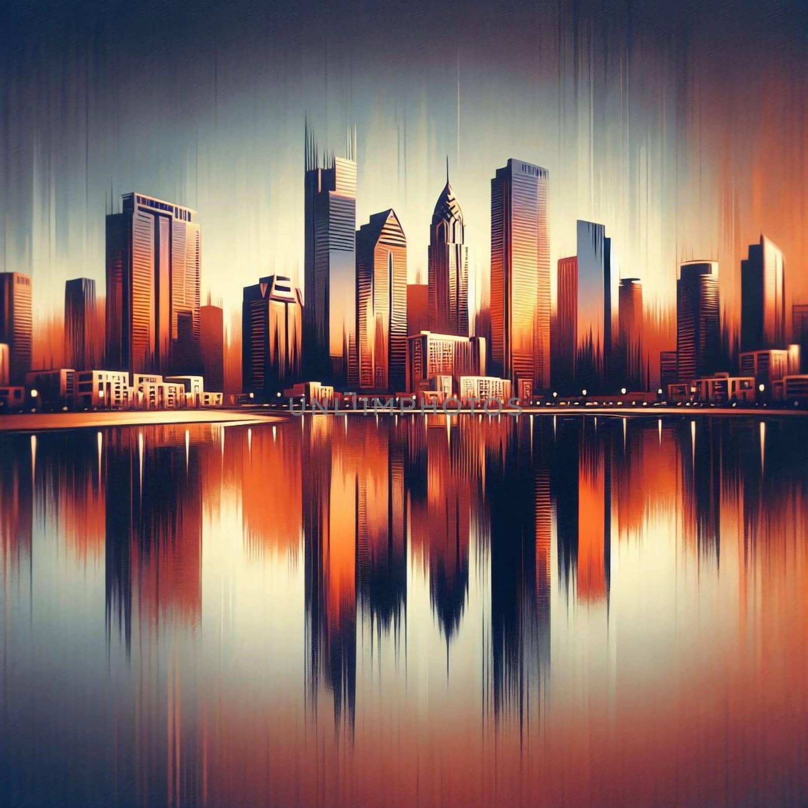 A cityscape reflected in calm water at sunset. A high-quality AI-generated photo.