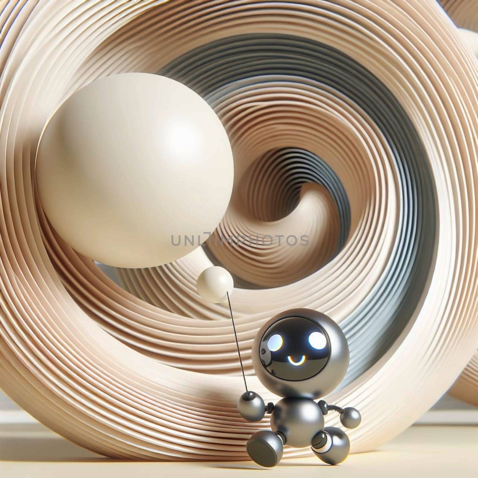A cute robot holding a balloon in a swirling abstract background. A high-quality AI-generated photo.