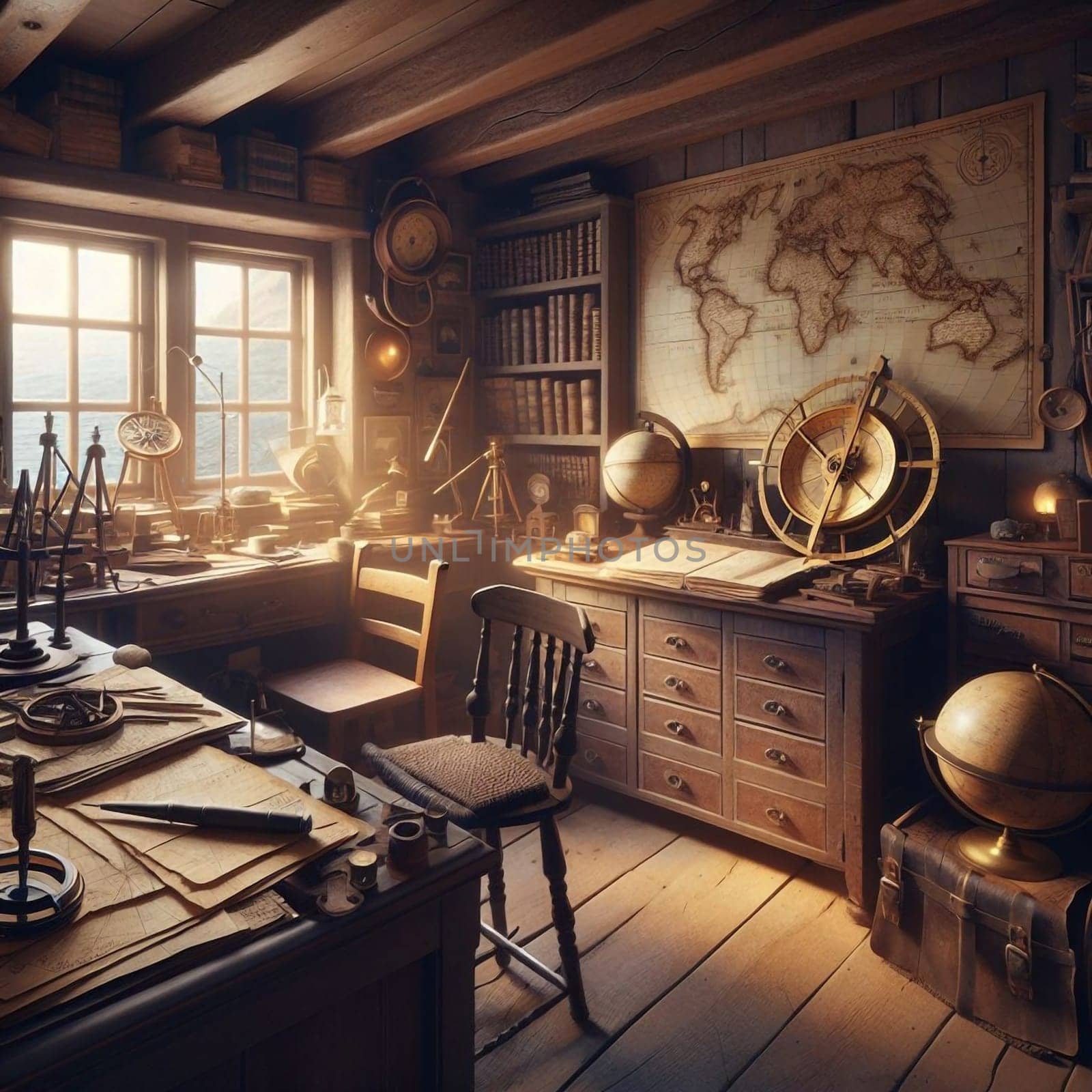 A vintage-style study filled with antique maps, globes, and scientific instruments. A high-quality AI-generated photo.