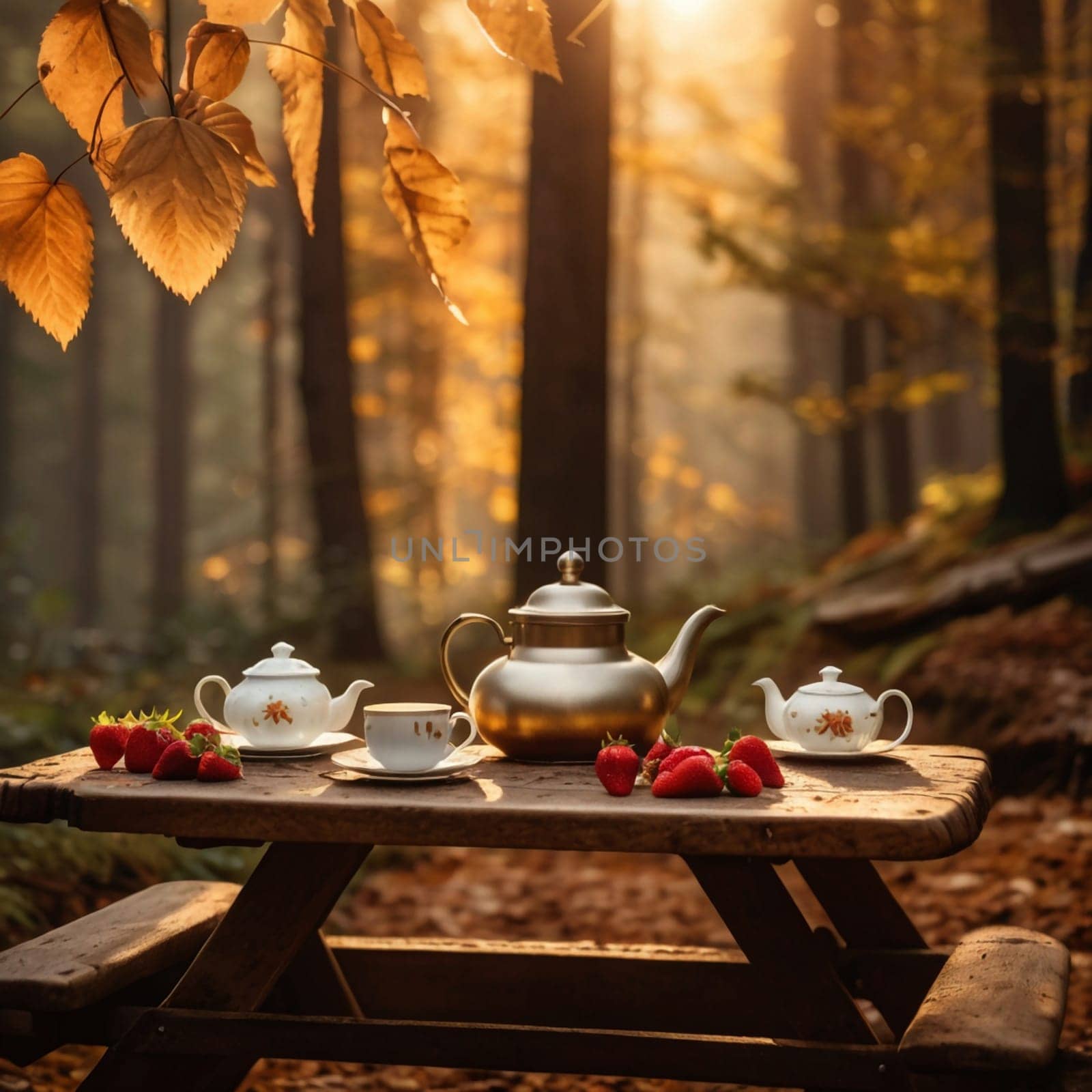 Tea set and strawberries on a wooden picnic table in a sun-drenched autumn forest. A high-quality AI-generated photo.