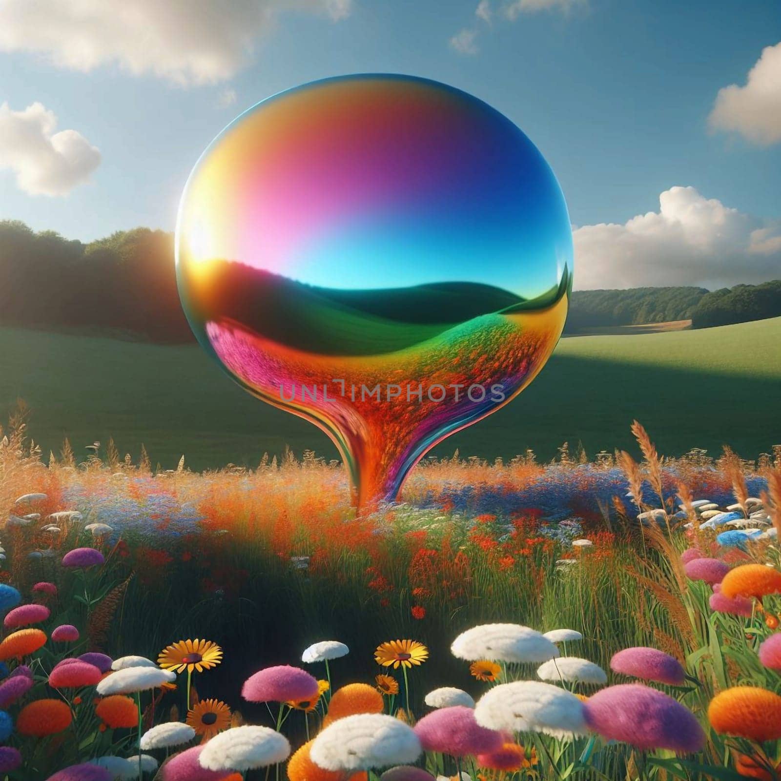 A large iridescent sphere in a field of wildflowers. A high-quality AI-generated photo.