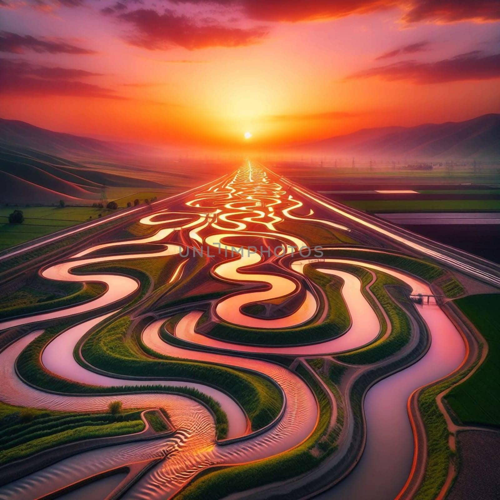 Aerial view of an intricate irrigation system in a landscape at sunset. A high-quality AI-generated photo.