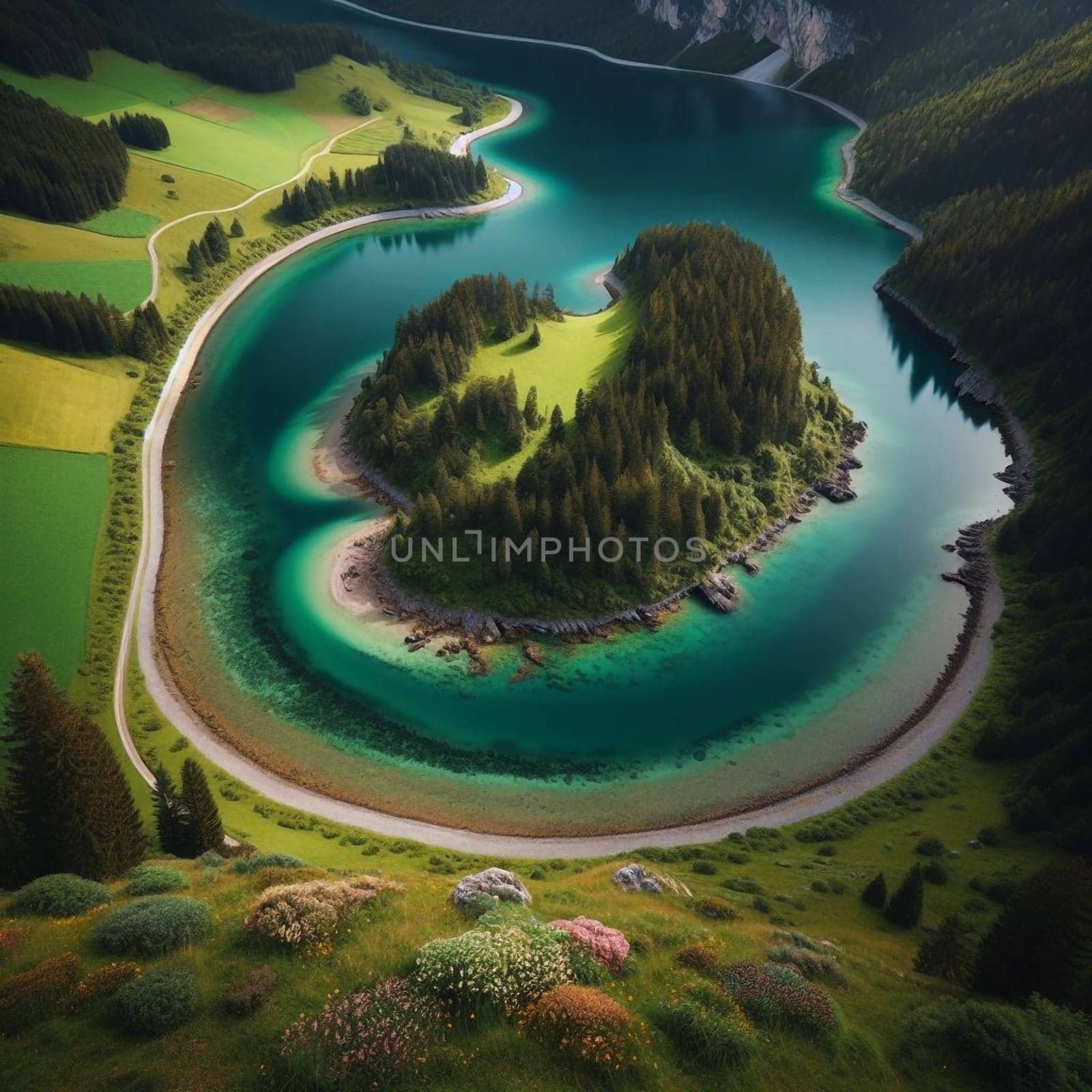 Aerial view of a heart-shaped island in a turquoise lake. A high-quality AI-generated photo.