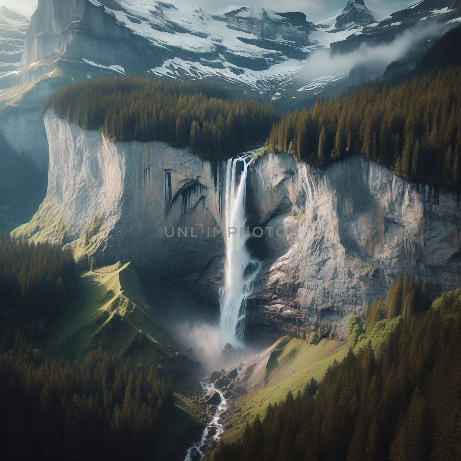 A tall waterfall cascading down a cliff face, surrounded by lush green forests and snow-capped mountains. A high-quality AI-generated photo.