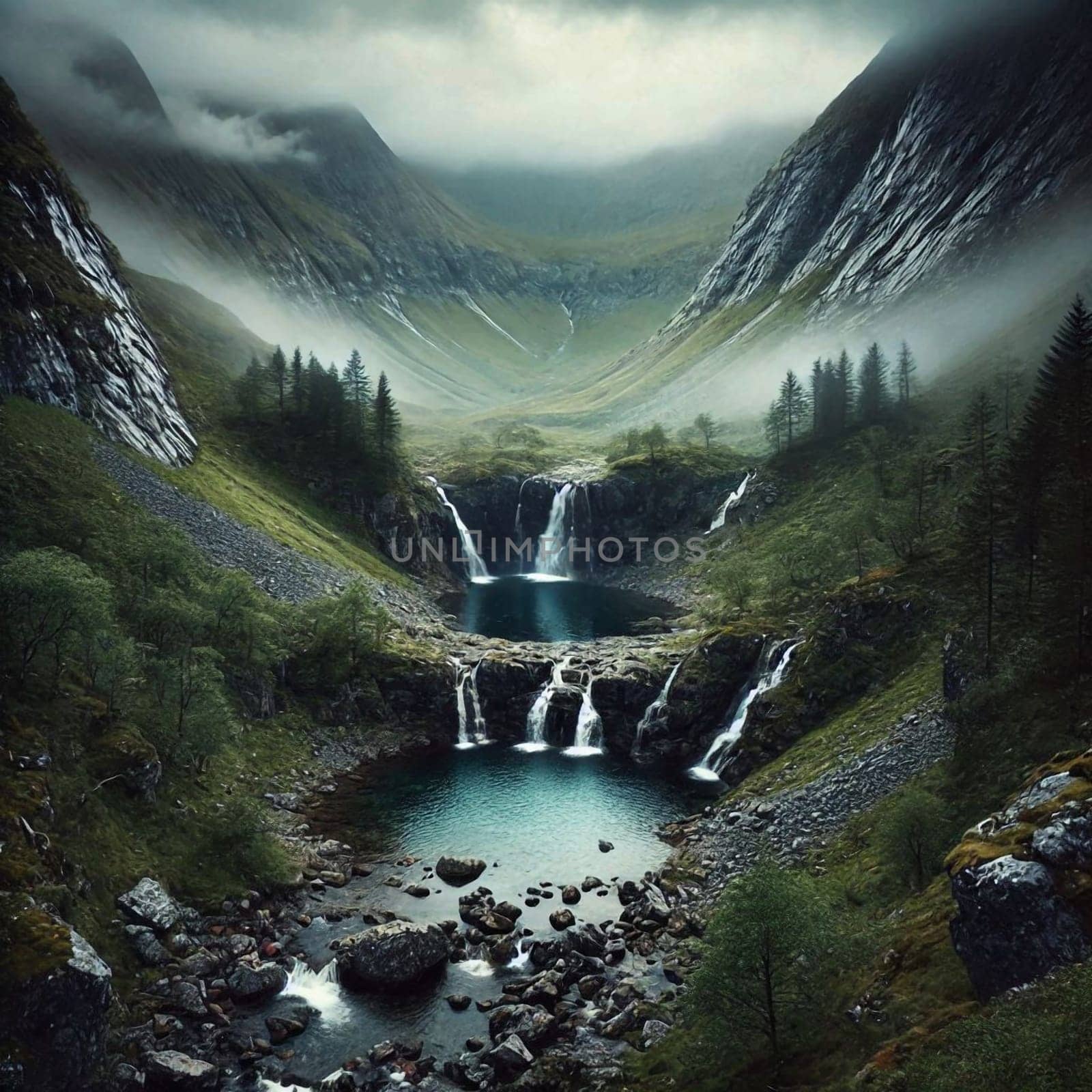 A secluded valley with waterfalls and a lake, surrounded by mountains and mist. A high-quality AI-generated photo.
