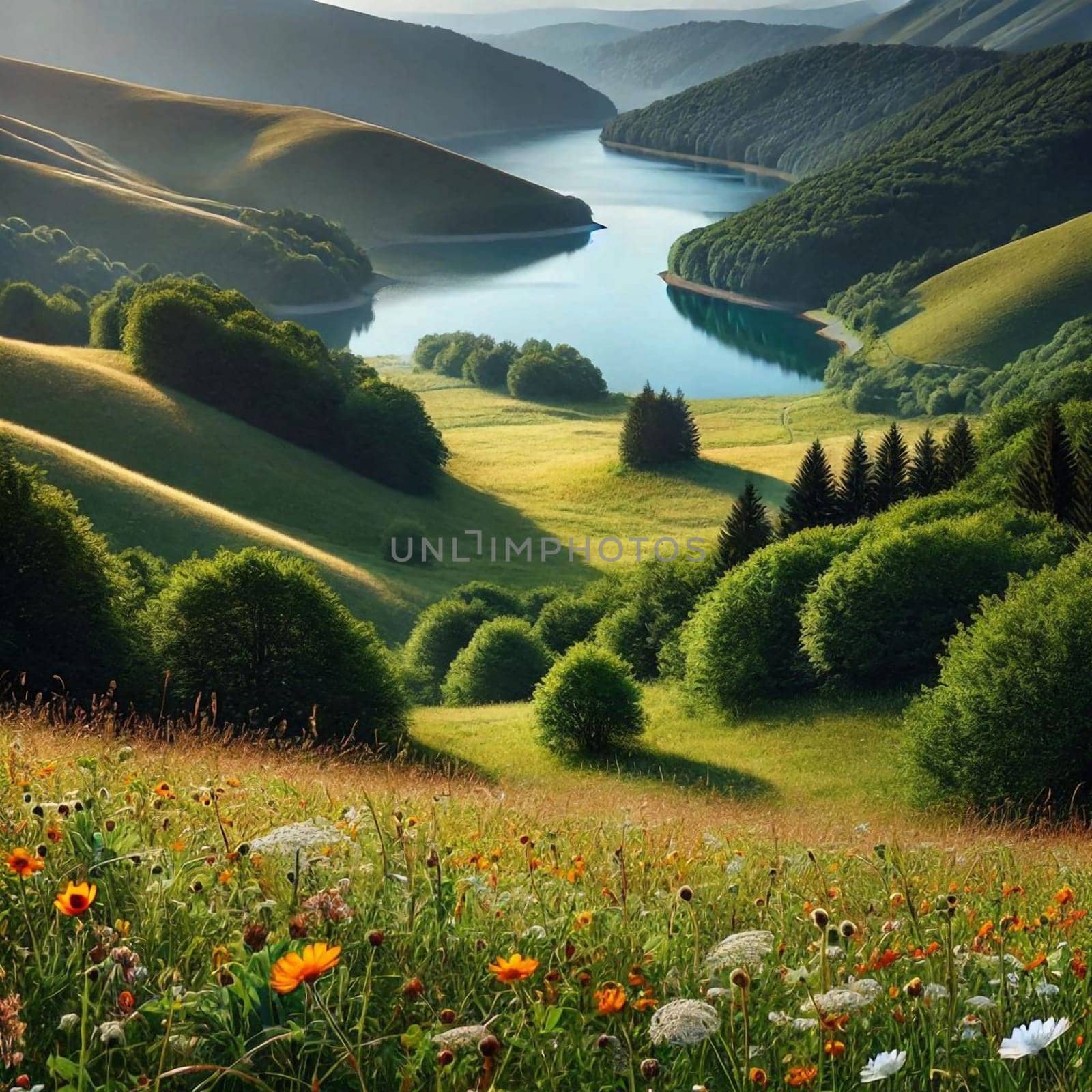 A winding river flows through a lush green valley, surrounded by mountains. A high-quality AI-generated photo.