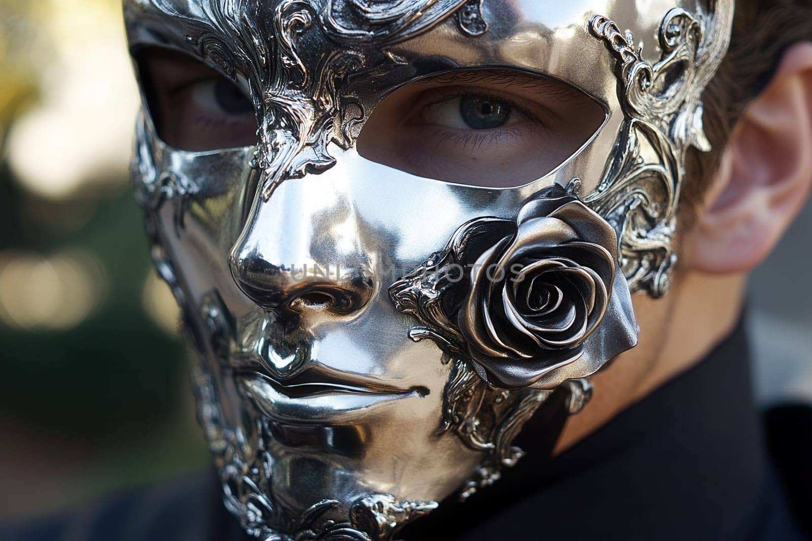 Close up of a metallic half face mask, featuring a rose decoration, worn by a person, likely an actor preparing for a performance