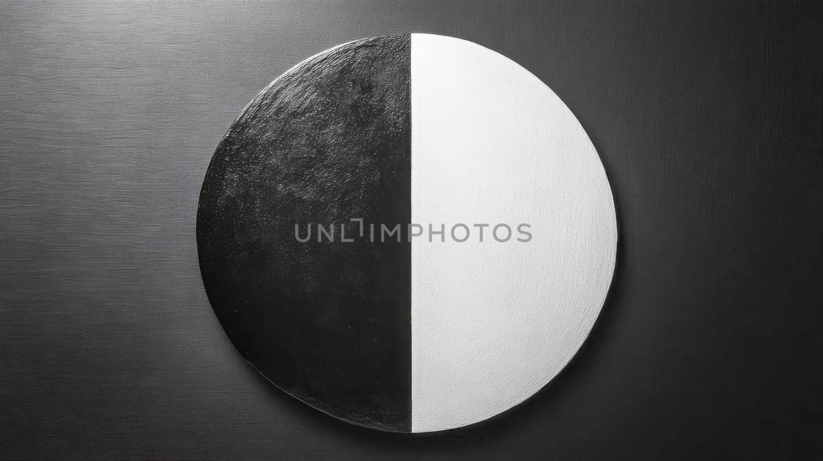 Perfectly halved black and white circle symbolizing duality, contrast, and balance, resting on a dark textured surface, creating a visually striking representation of opposing forces