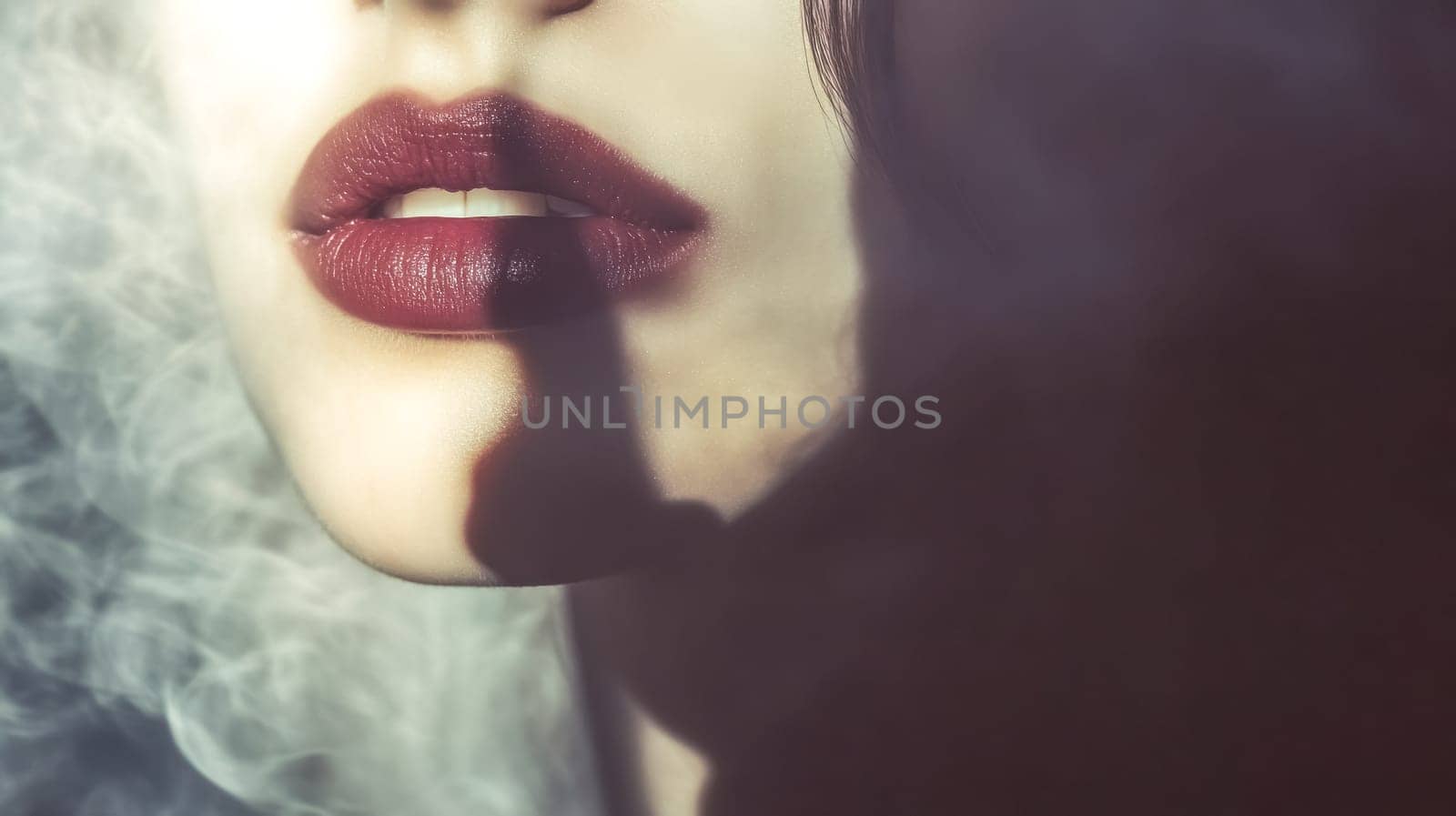 Close up of a woman's lips with dark red lipstick, a finger shadow casting a shhh gesture across her face, creating a mysterious and intriguing atmosphere against a smoky backdrop