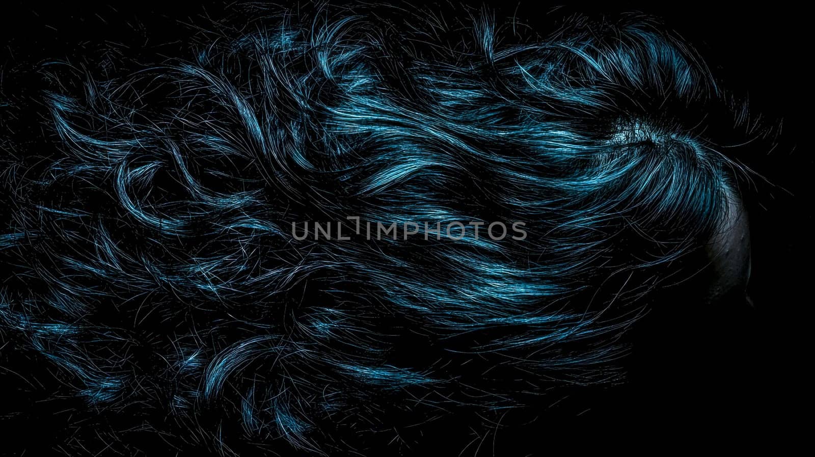 Long, tangled, and damaged dark hair with blue highlights floats against a black background, creating a moody and mysterious atmosphere